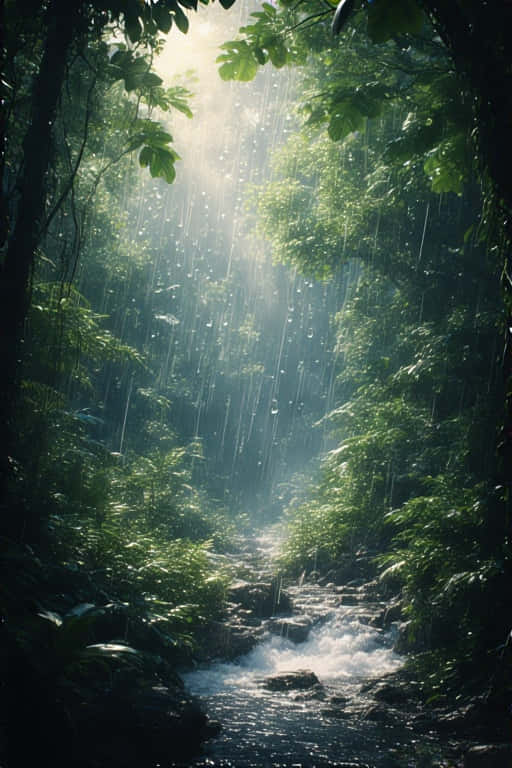 Realistic Rainforest in Summer Downpour 壁紙 — 陽光穿透霧氣瀰漫的雨林中湍急溪流上方茂密的綠色樹冠。