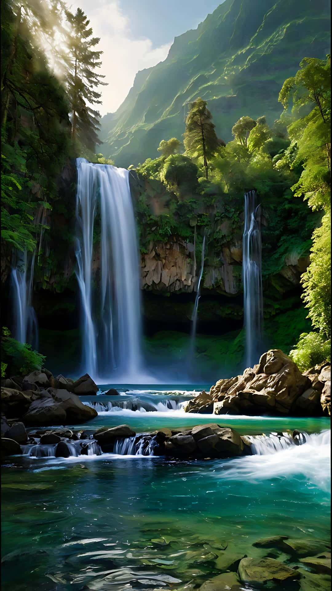 Hidden Paradise – Waterfall and Serenity Unveiled. smartphone wallpaper 壁紙 — 陽光穿透高聳的常綠樹，照亮層疊的瀑布，傾瀉入被苔蘚覆蓋的岩石環繞的碧綠水池。
