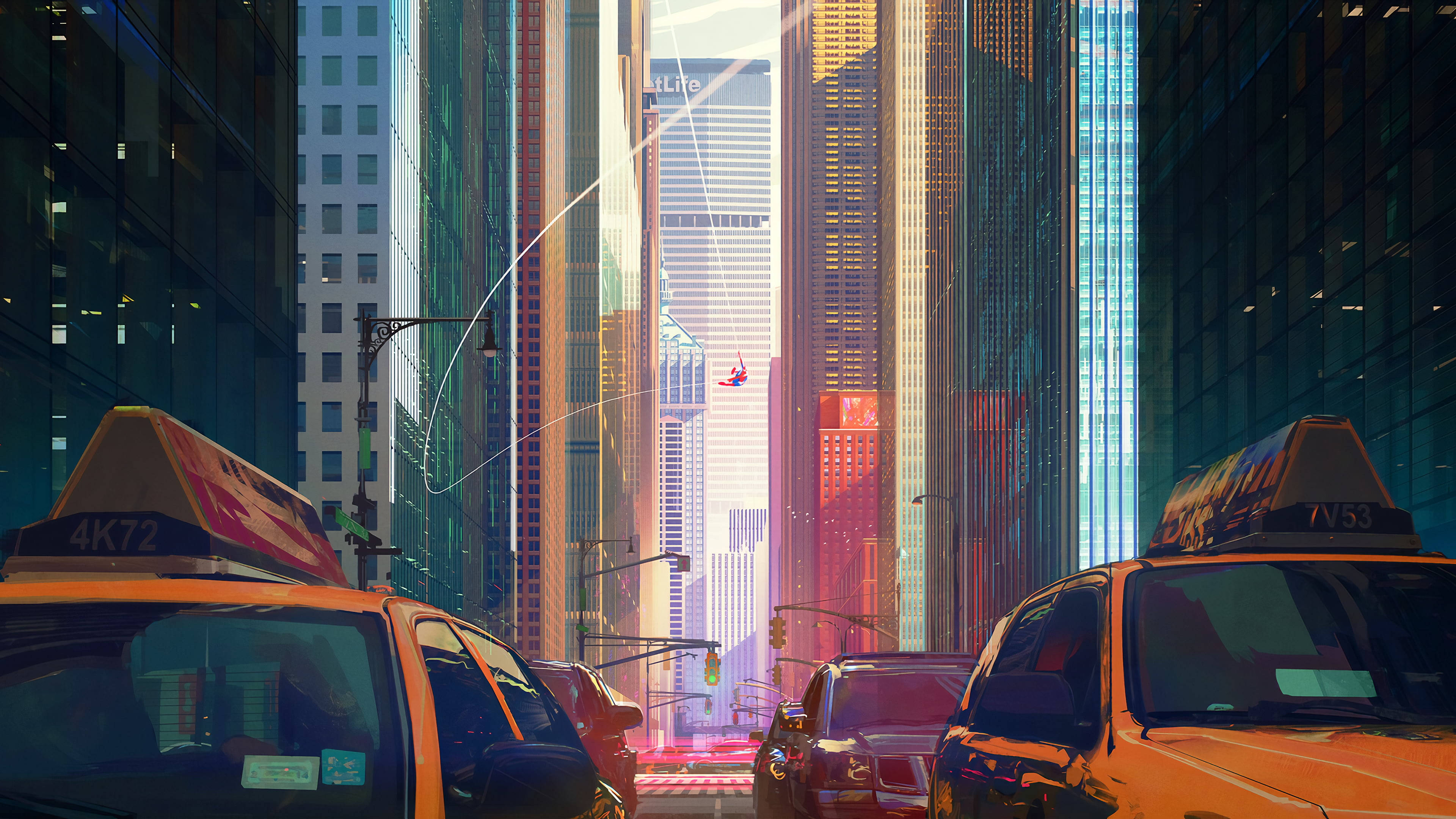 New York 桌布 壁紙 — 陽光穿透高聳的玻璃摩天大樓，在繁華的城市峽谷中為黃色計程車投下色彩繽紛的倒影。
