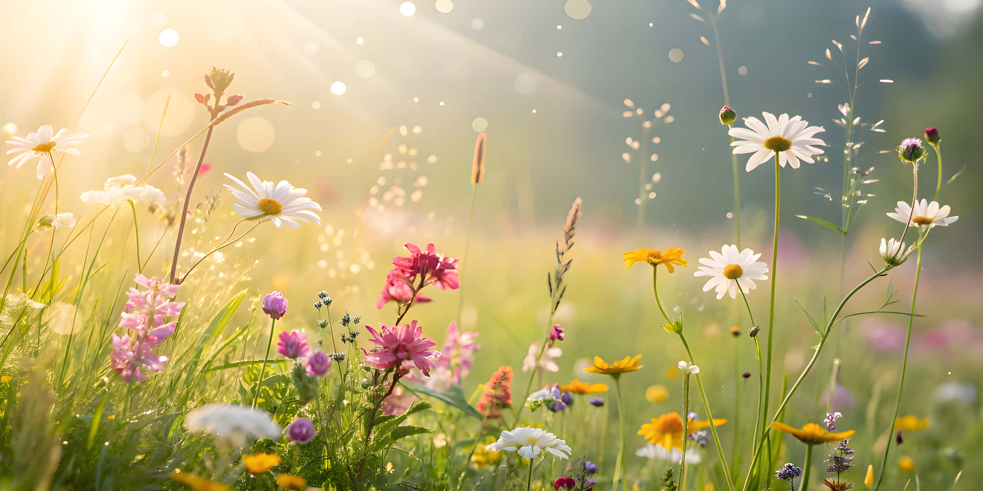 Beautiful flowers and clear weather 壁紙 — 陽光穿過一片充滿白色雛菊、粉紅色野花和黃色花朵的茂盛草地，照耀在翠綠的草地上。