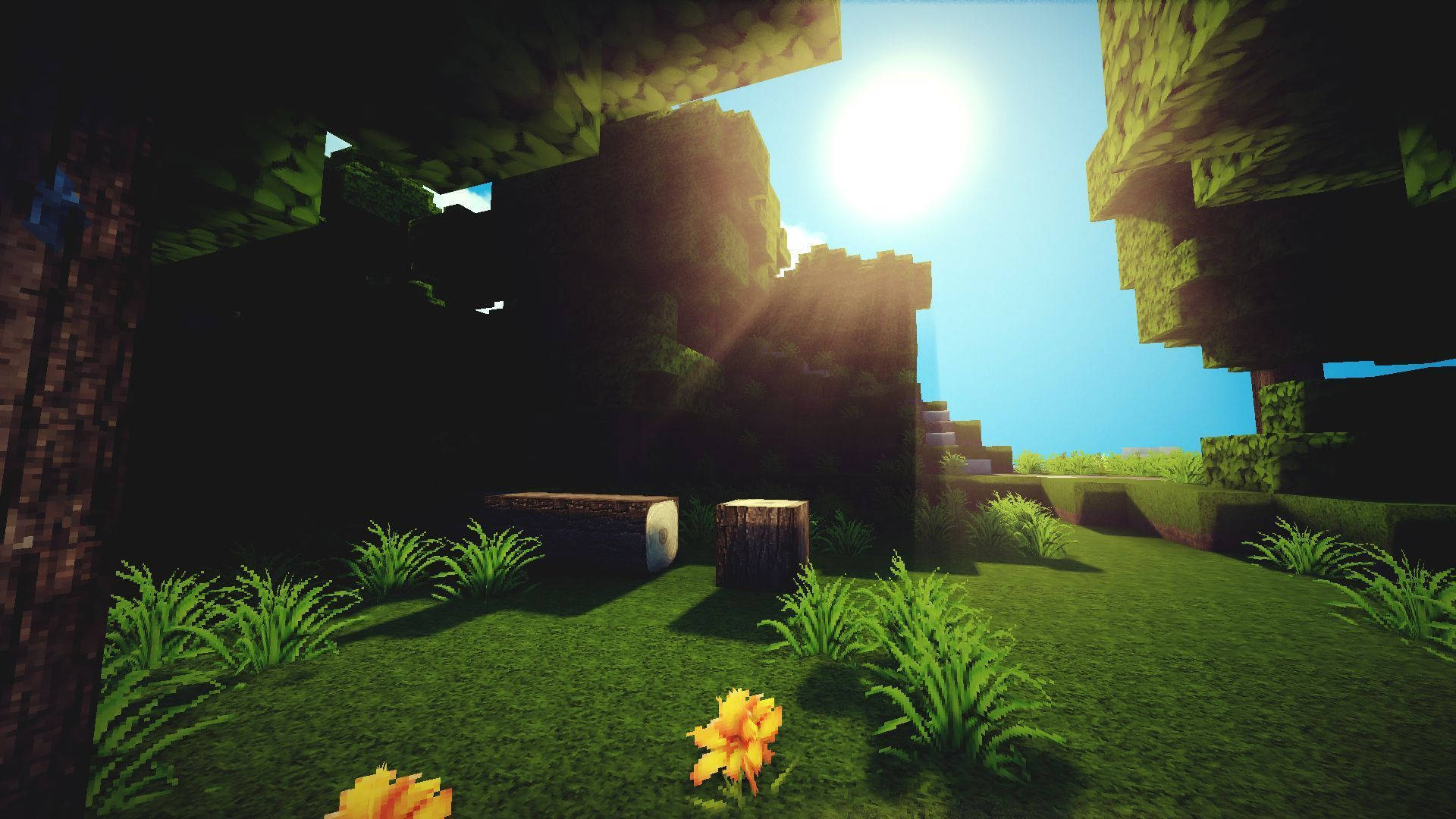 4K Minecraft 壁紙 桌布 壁紙 — 陽光穿過像素化森林空地，有塊狀樹木、草地，以及一朵在前景發光的黃色花朵。