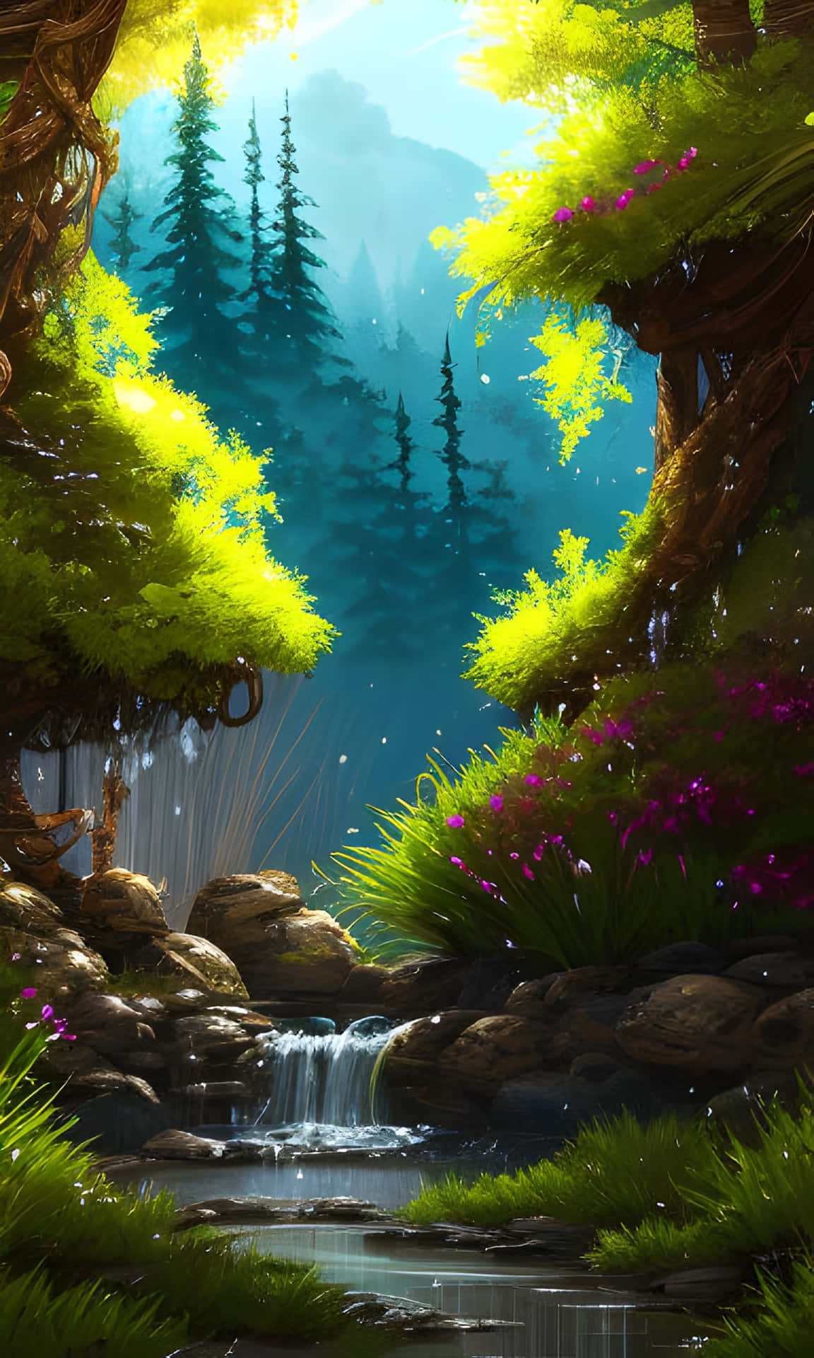 Beautiful Forest river landscape 壁紙 — 陽光穿過充滿活力的綠色樹葉，框住一道瀑布流過長滿苔蘚的岩石，流入寧靜的水池。