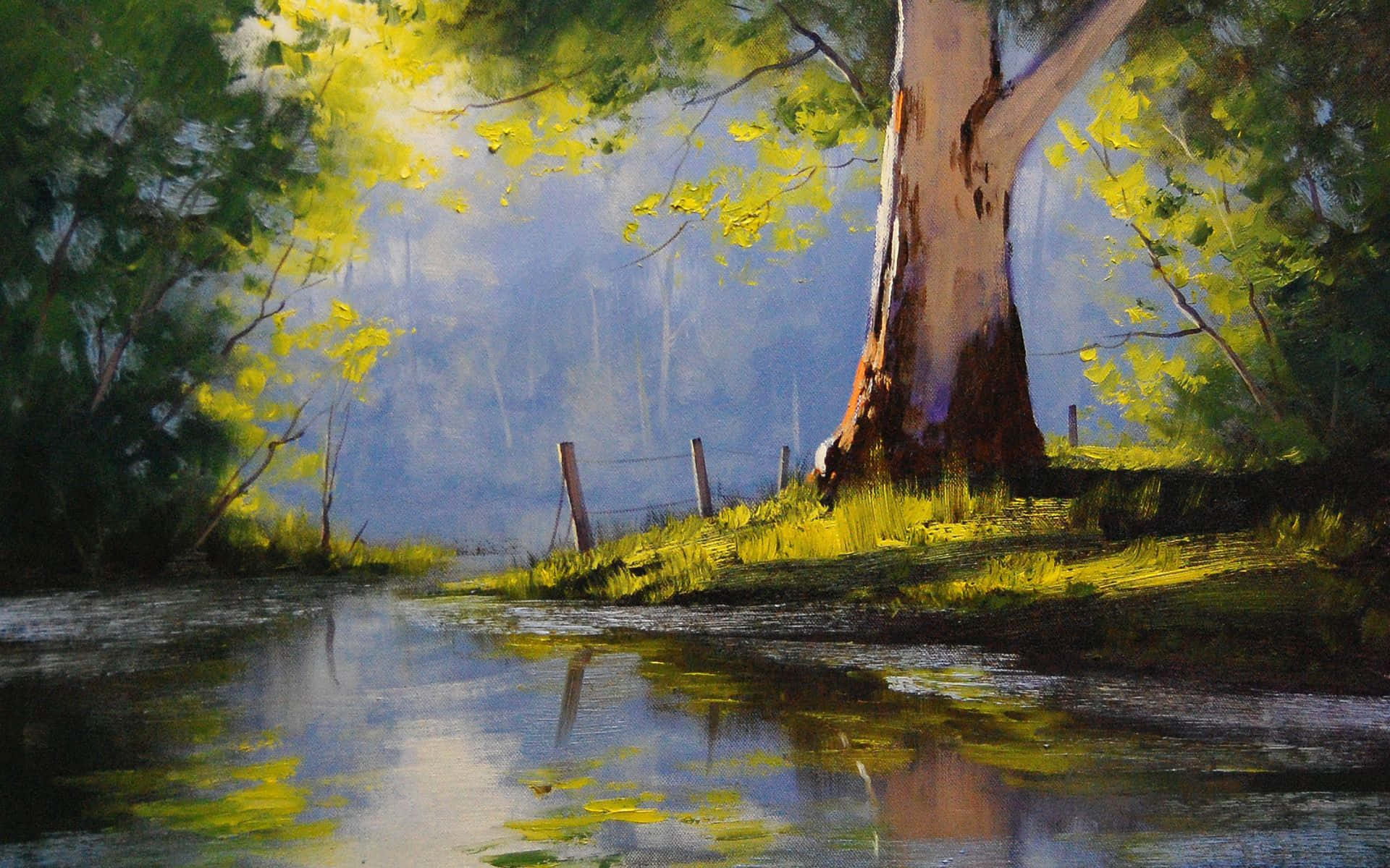 Oil Painting 桌布 壁紙 — 陽光穿過充滿活力的綠葉，在平靜的河面上投射出金色的倒影，旁邊是一棵巨大的樹幹。