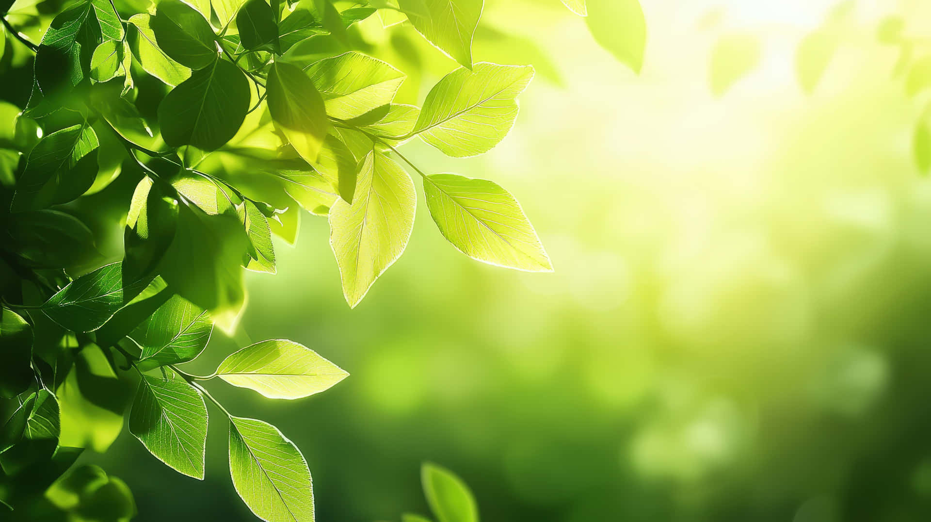 Sunlit green leaves with soft blurred background in nature 壁紙 — 陽光穿過充滿活力的綠葉，營造出柔和發光的散景背景。