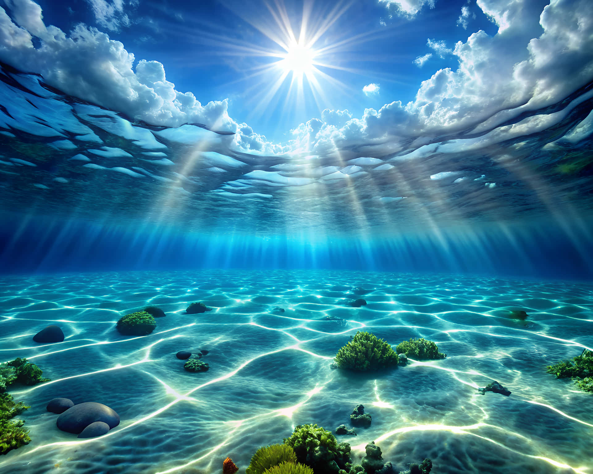 Ocean floor 壁紙 — 陽光穿過充滿活力的藍色海洋表面，在佈滿岩石和綠色珊瑚的海床上投射出閃爍的圖案。