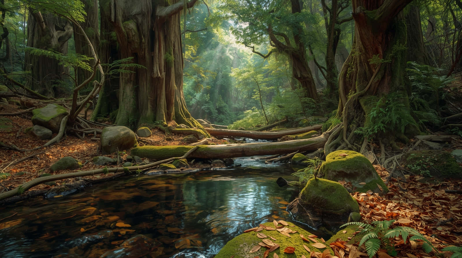 Sunbeams Through Misty Trees Over Gentle Forest Creek Wallpaper 壁紙 — 陽光穿過古樹，在長滿苔蘚的森林地面上投下金色光束，清澈的小溪蜿蜒穿過倒下的原木和秋葉。