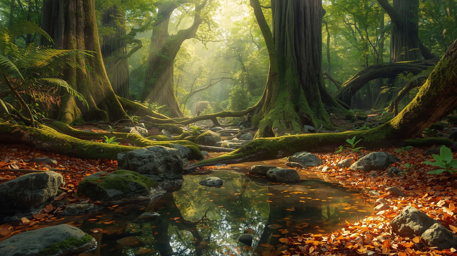 Deep Jungle River with Ancient Mossy Trees Landscape Wallpaper 壁紙 — 陽光穿過古老的長滿苔蘚的樹木，在佈滿落葉和岩石的森林溪流上投下金色的光束。