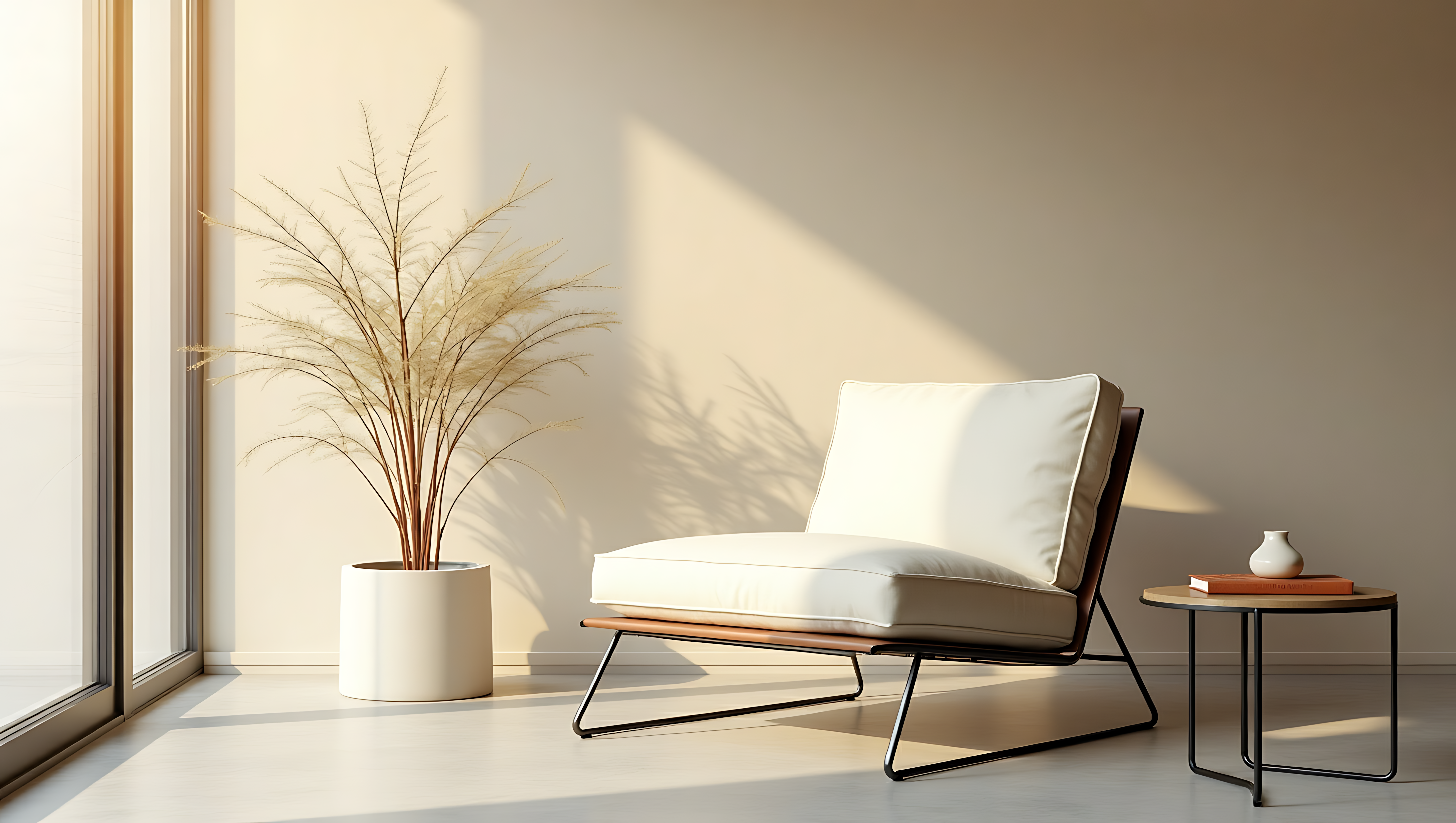 Living Room 桌布 壁紙 — 陽光穿過大窗戶，照亮了盆栽植物和放有書本的邊桌旁邊的現代休閒椅。