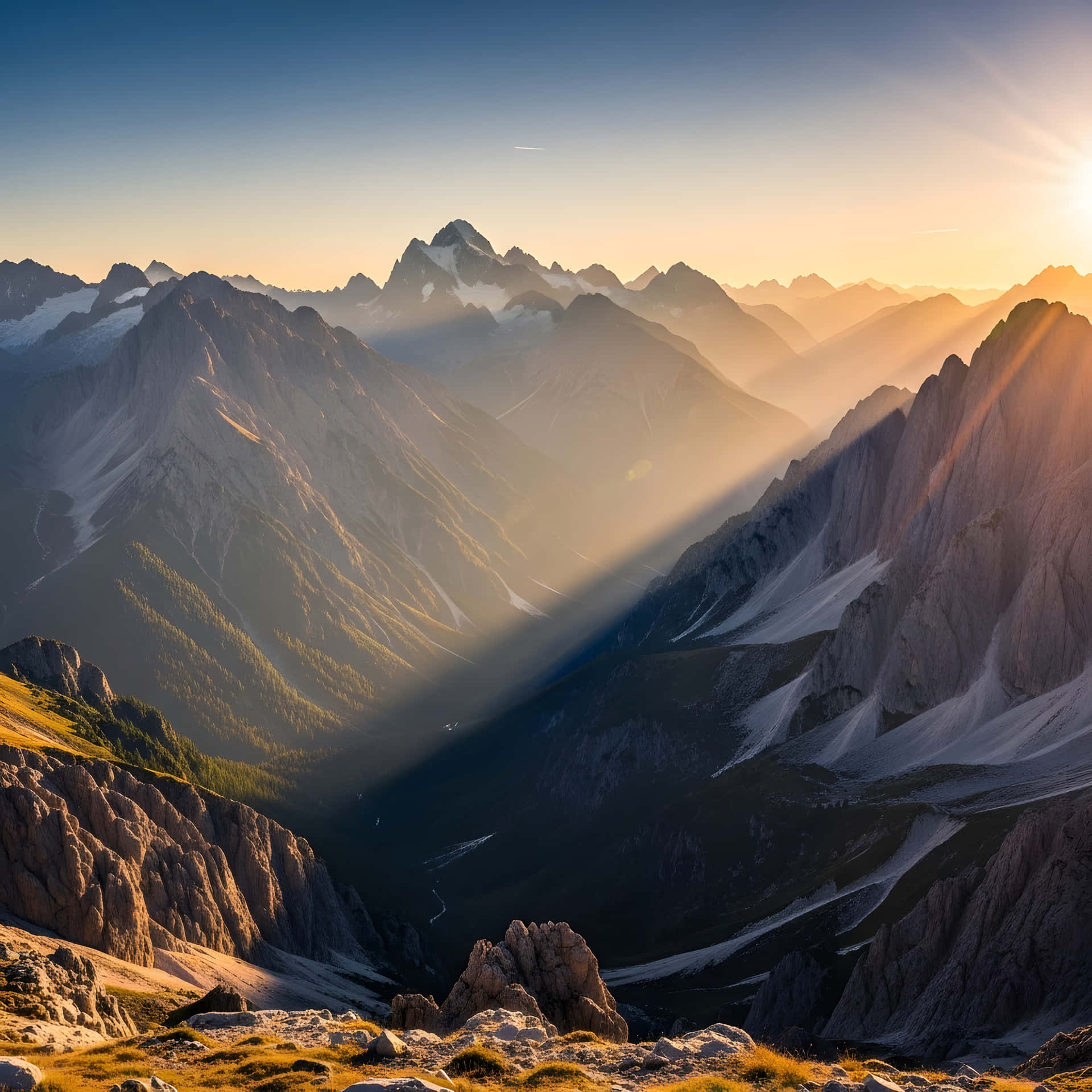 Mountains at sunrise 壁紙 — 陽光穿過山頂，在積雪的山脊和深谷上投射出金色的光芒。