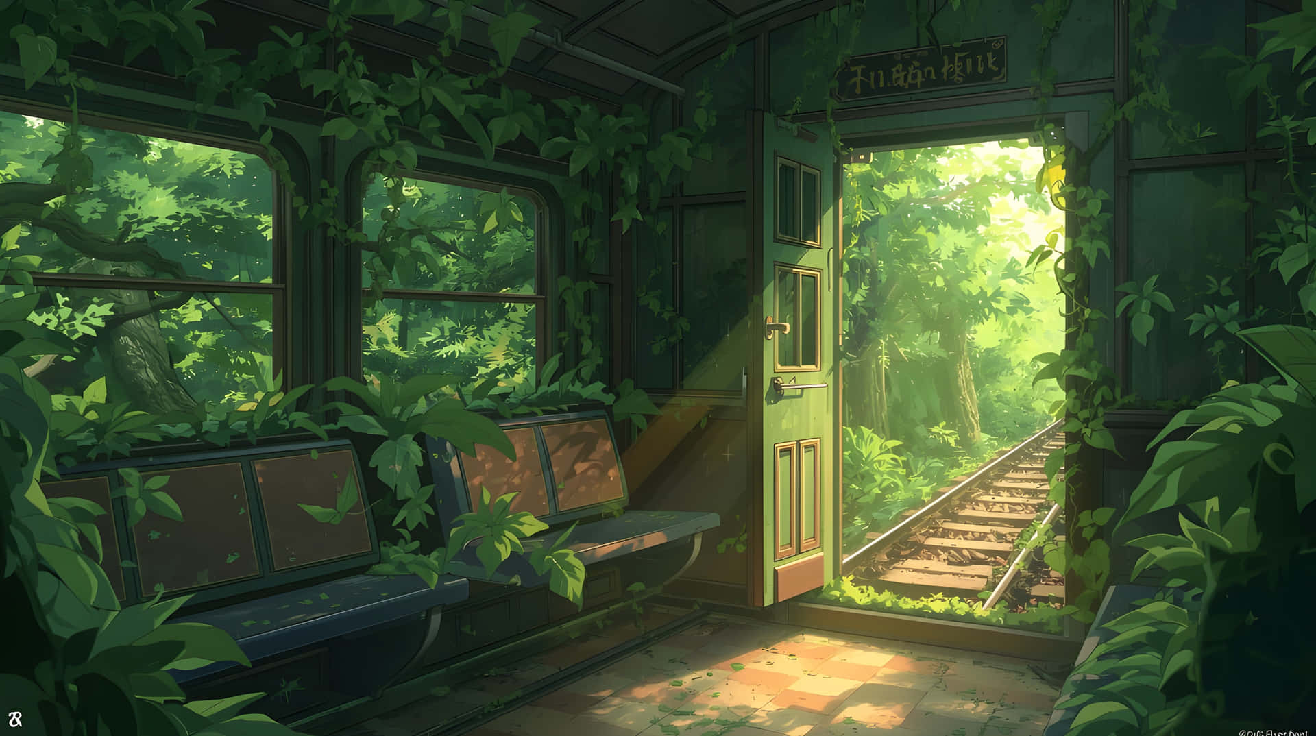 Nature's Sanctuary Inside an Old Train Wallpaper 壁紙 — 陽光穿過敞開的門，照進一輛長滿苔蘚、被鮮綠色藤蔓和蕨類植物覆蓋的廢棄火車車廂。