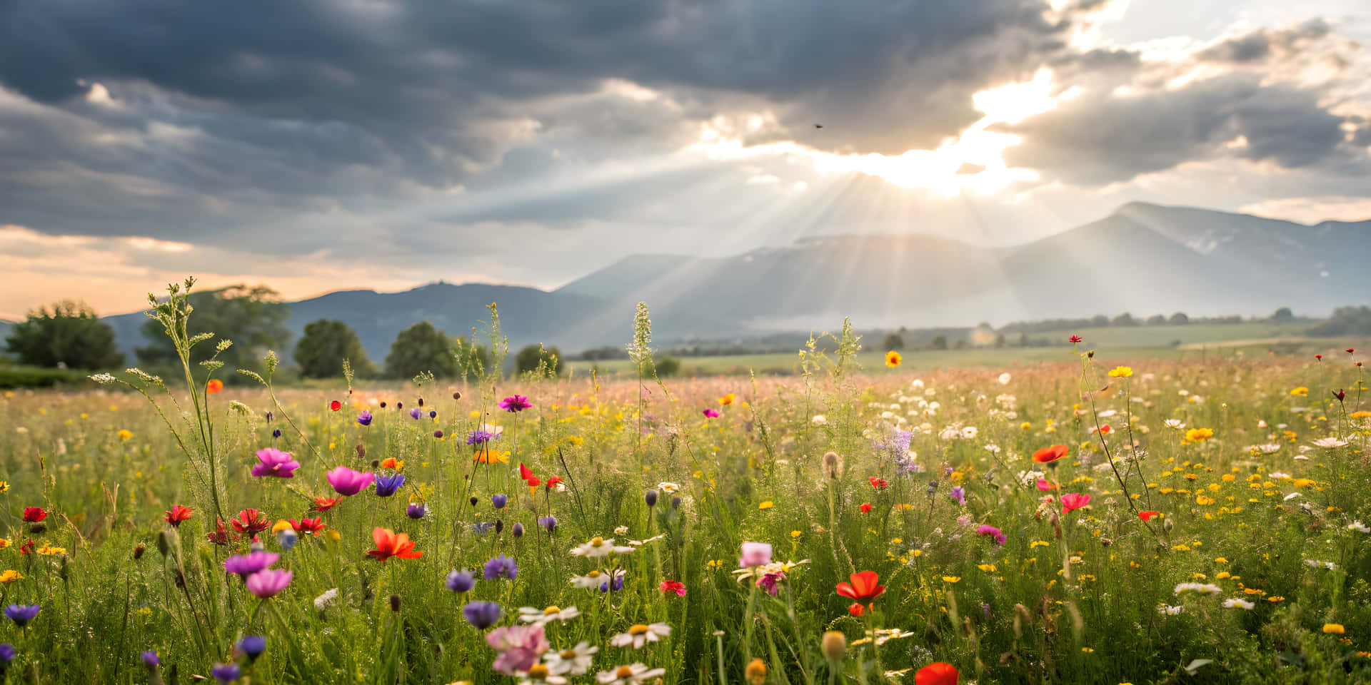 A view of flowers and cloudy sky 壁紙 — 陽光穿過暴風雲，照亮了一片充滿野花和遠山的生機勃勃的草地。