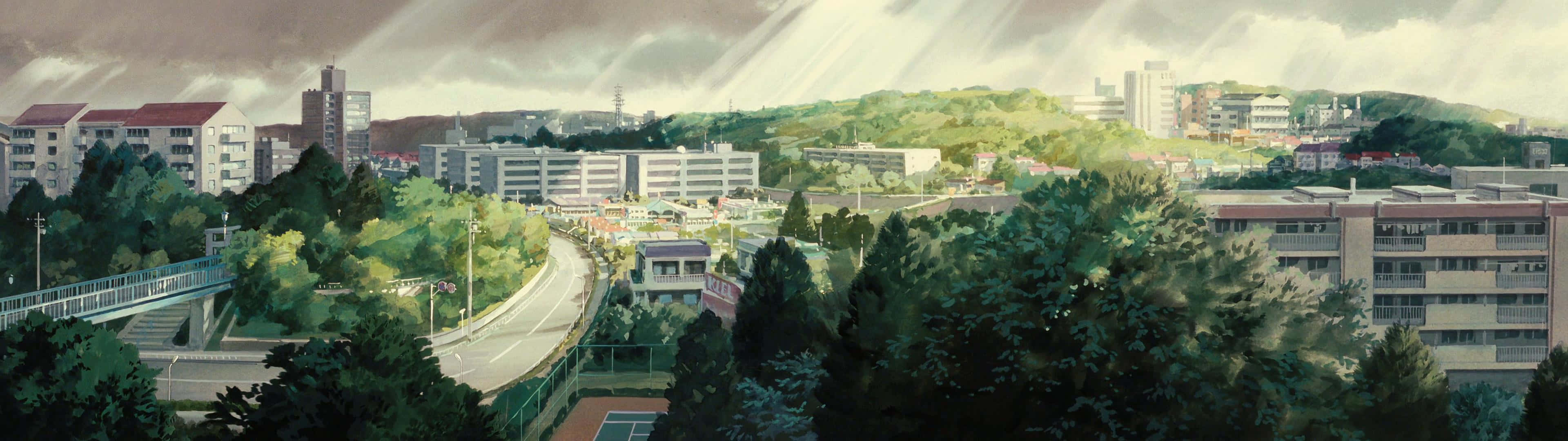 Whisper Of The Heart 桌布 壁紙 — 陽光穿過暴風雲，照耀在一個綠意盎然的山丘小鎮上，小鎮有蜿蜒的道路和現代建築。