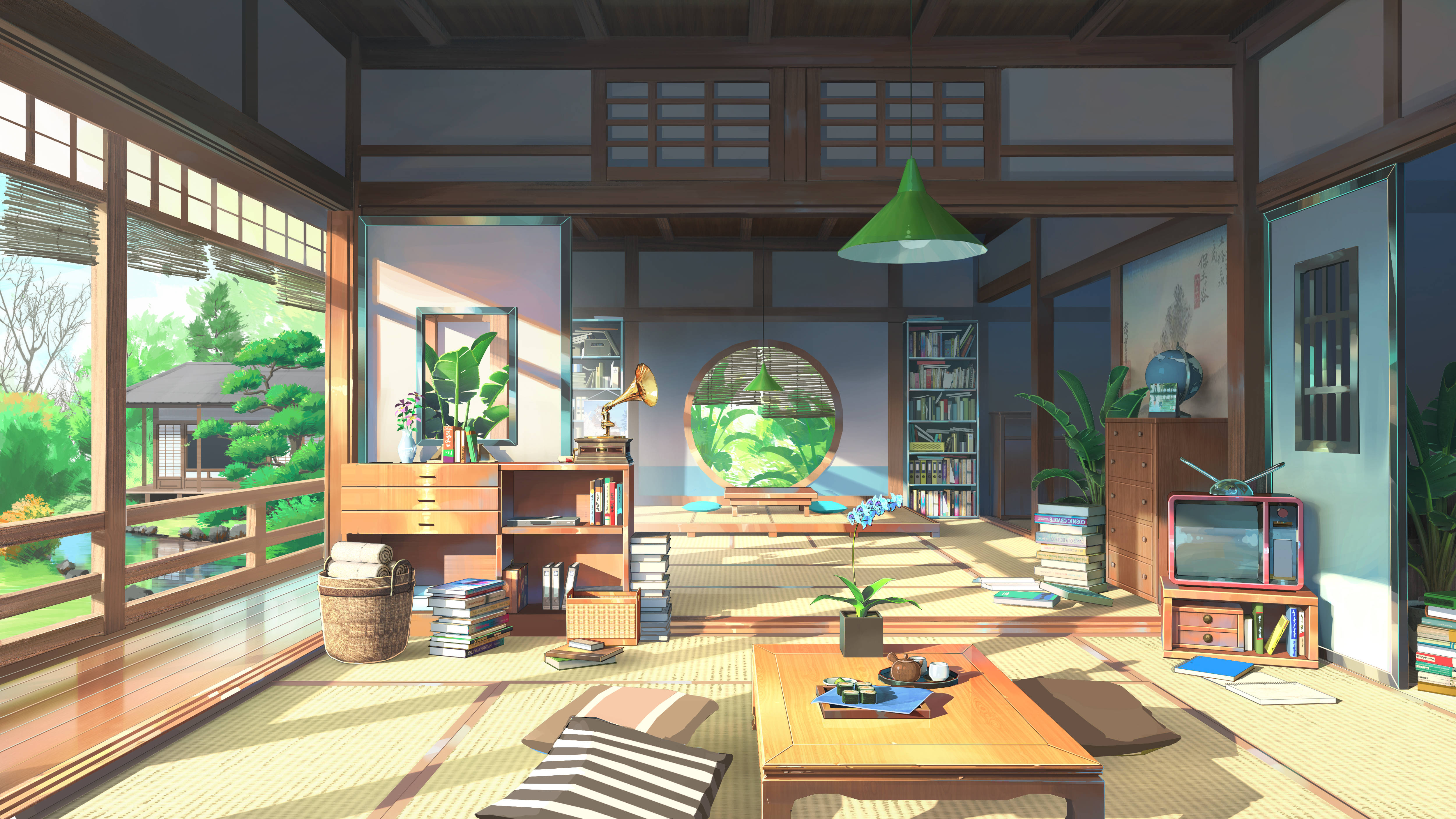Bedroom 桌布 壁紙 — 陽光穿過木製障子門，灑進一個充滿書籍、植物和復古裝飾的寧靜傳統日式房間。