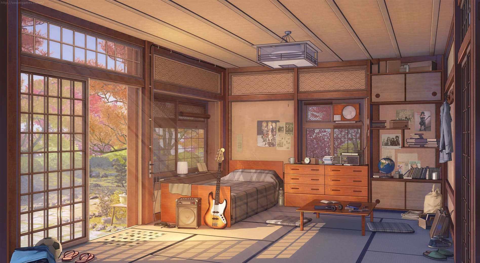 Cute Anime Bedroom 桌布 壁紙 — 陽光穿過木製障子門，灑進一個舒適的傳統日式臥室，內有吉他和榻榻米地板。