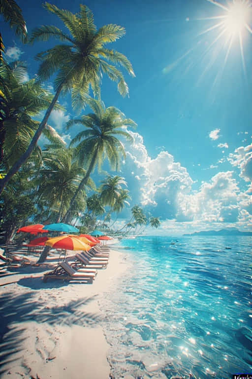 Tropical Beach Paradise with Palm Trees Stunning Summer 4K 壁紙 — 陽光穿過棕櫚樹，在白色沙灘上投下陰影，沙灘上排列著色彩繽紛的遮陽傘和躺椅，旁邊是碧綠的海浪。