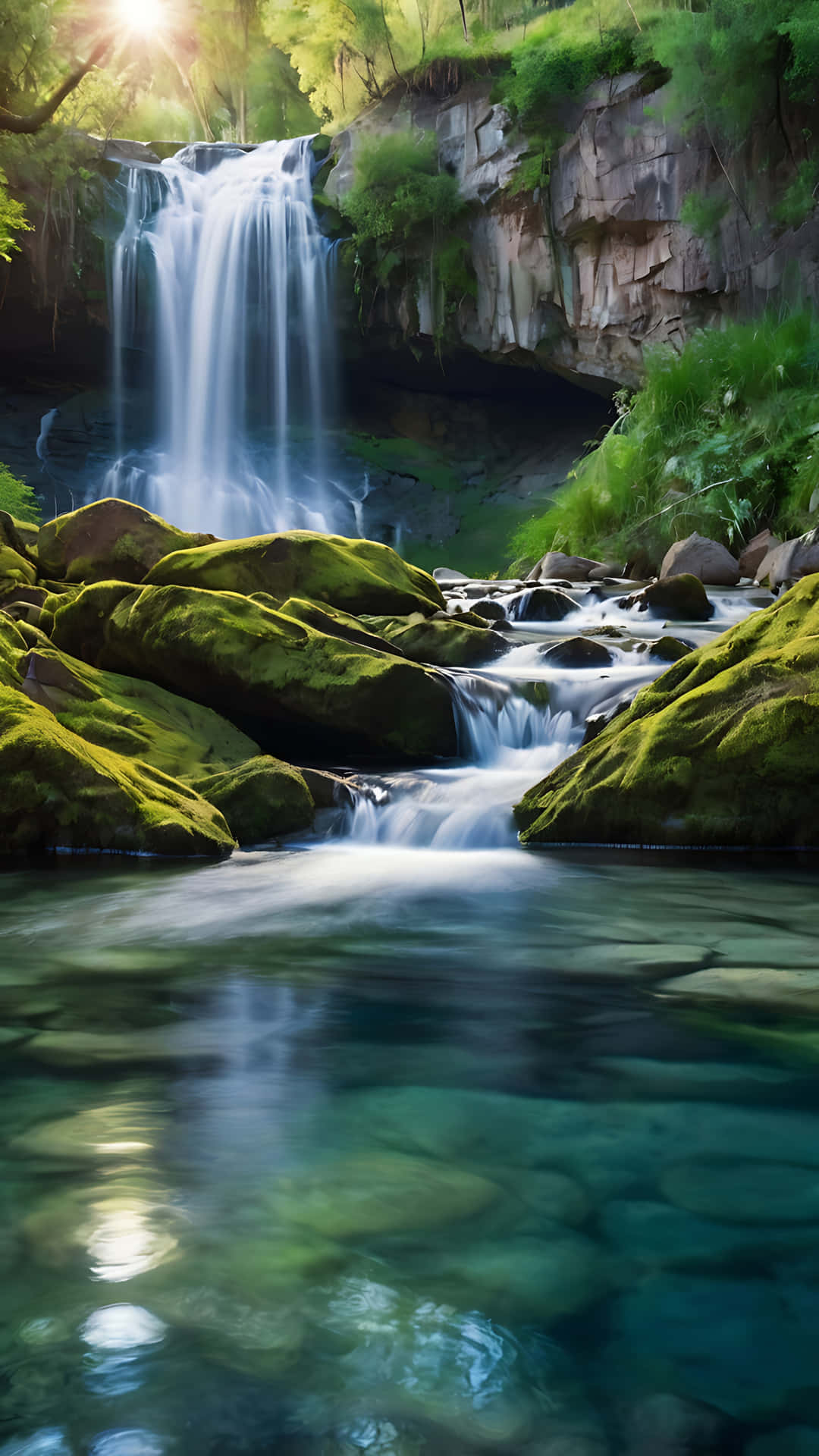Blissful Waterfall and Lake in Harmony. smartphone wallpaper 壁紙 — 陽光穿過樹林，照亮了從長滿苔蘚的岩石上流下的瀑布，匯入清澈的碧綠水池。