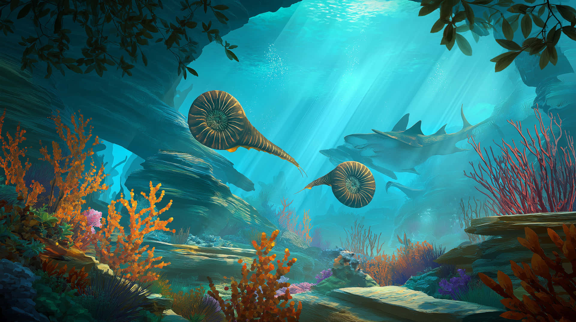 Prehistoric Ocean 壁紙 — 陽光穿過水下洞穴，照亮了充滿活力的珊瑚礁和游動的菊石，鯊魚在頭頂滑翔。