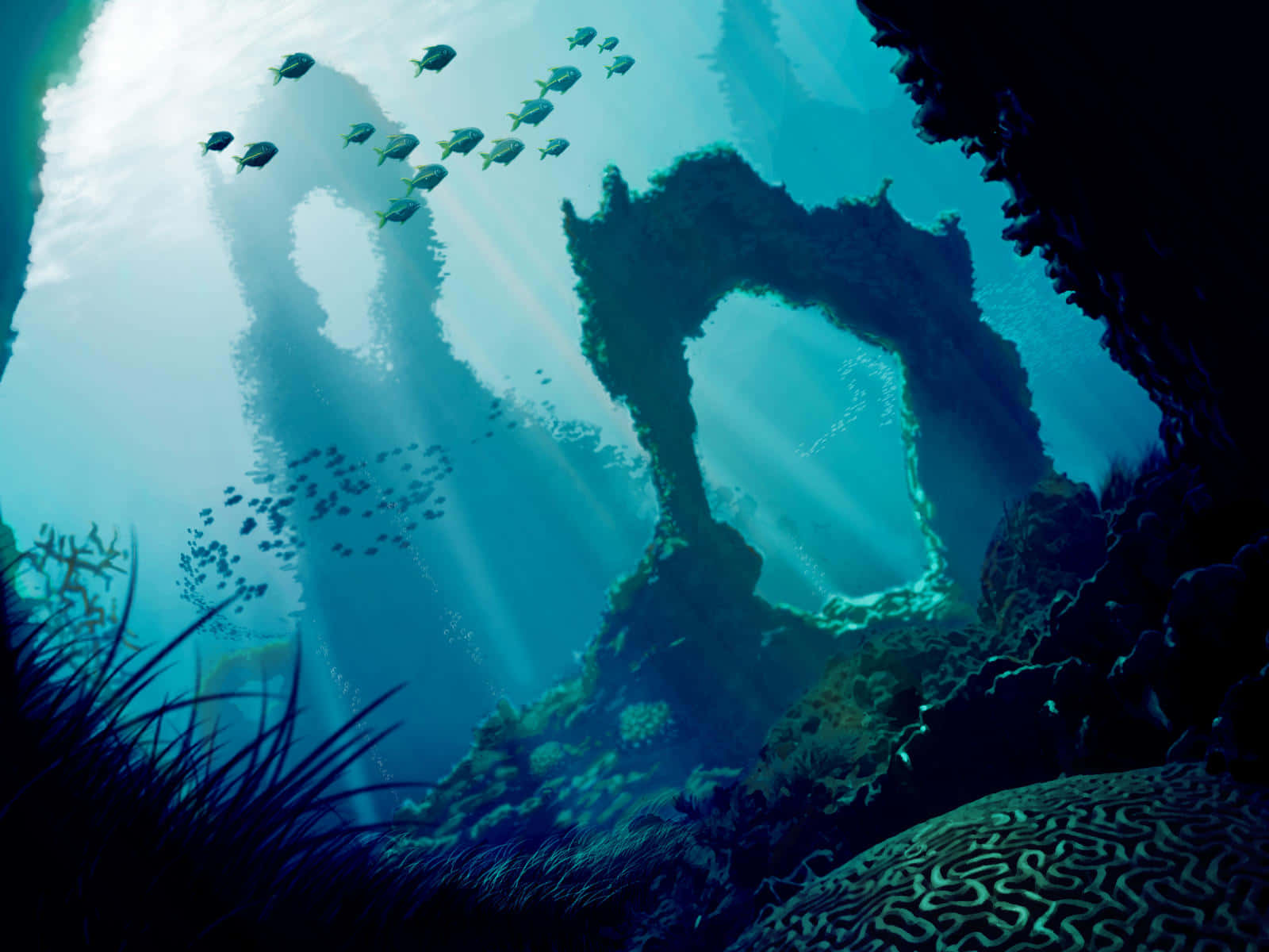 Scary Underwater 桌布 壁紙 — 陽光穿過水面，照亮了一個珊瑚礁，魚群在天然岩石拱門附近游動。