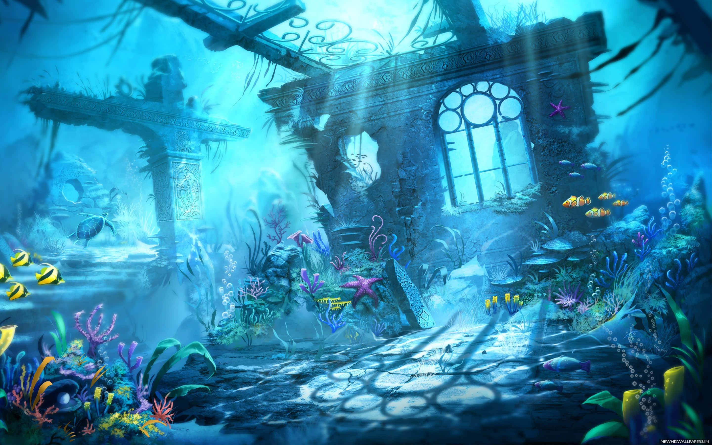 Underwater Ocean 桌布 壁紙 — 陽光穿過水面，照亮了圍繞著古老沉沒遺跡的 vibrant 珊瑚礁，魚群在周圍游動。