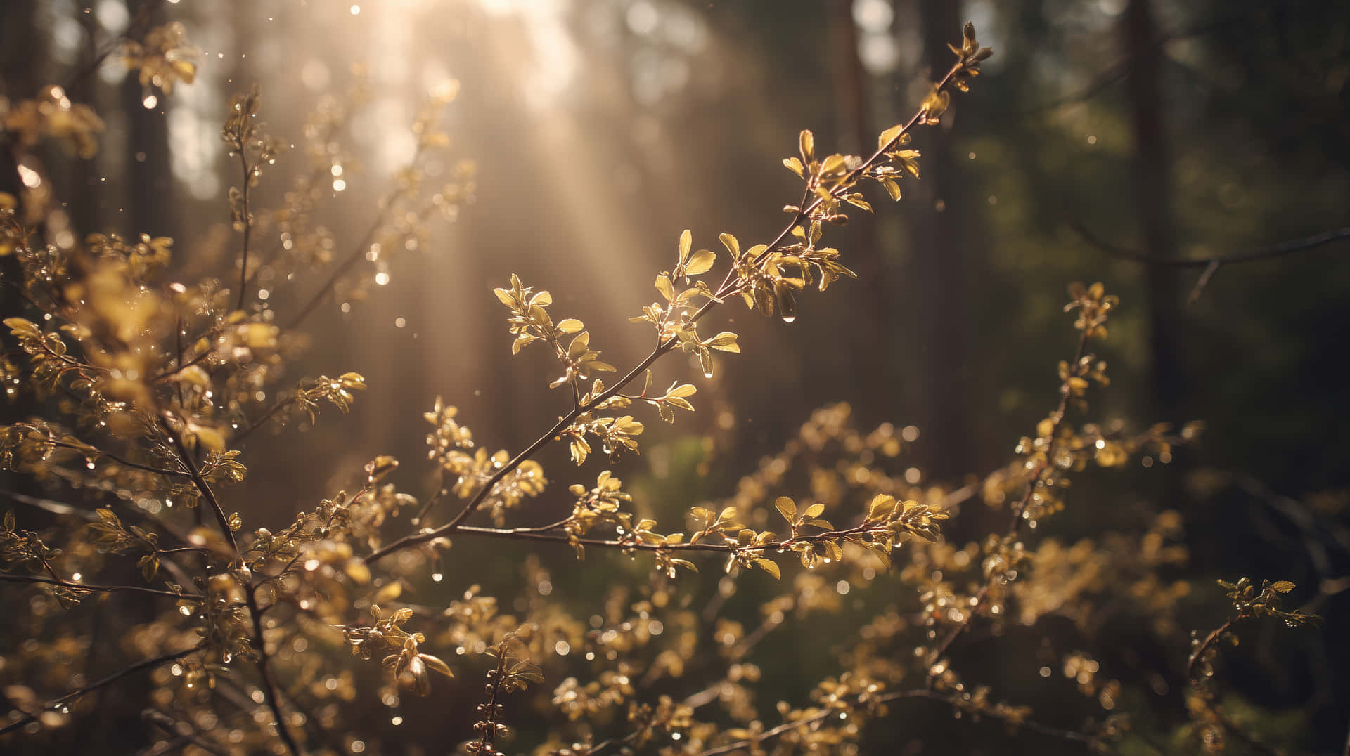 Sunlit Branches with Dewy Droplets 壁紙 — 陽光穿過沾滿露水的森林樹枝，將金色光線投射在新鮮的樹葉上。