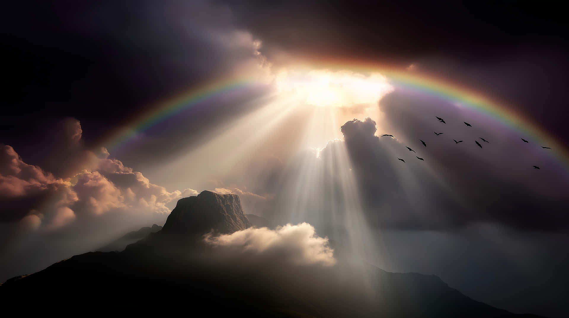 Mountainous Vista: Sunrays and Rainbow Through Clouds 壁紙 — 陽光穿過烏雲照射在山峰之上，一道鮮豔的彩虹拱起，鳥兒成群飛過。