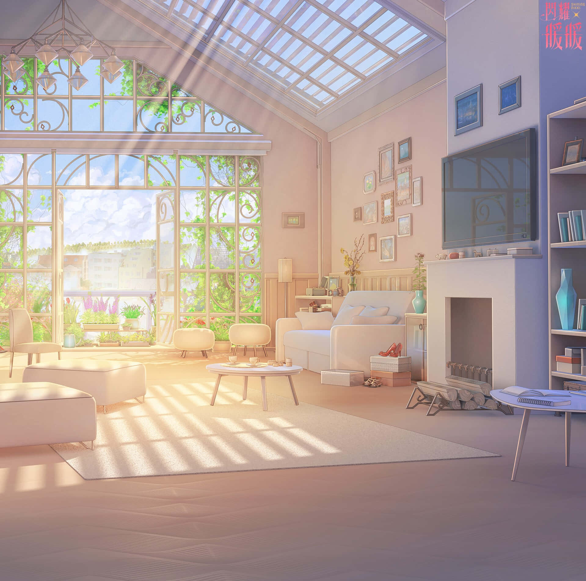 Cute Anime Bedroom 桌布 壁紙 — 陽光穿過玻璃屋頂和華麗窗戶，灑進一個充滿舒適家具和綠色植物的粉彩粉紅色客廳。