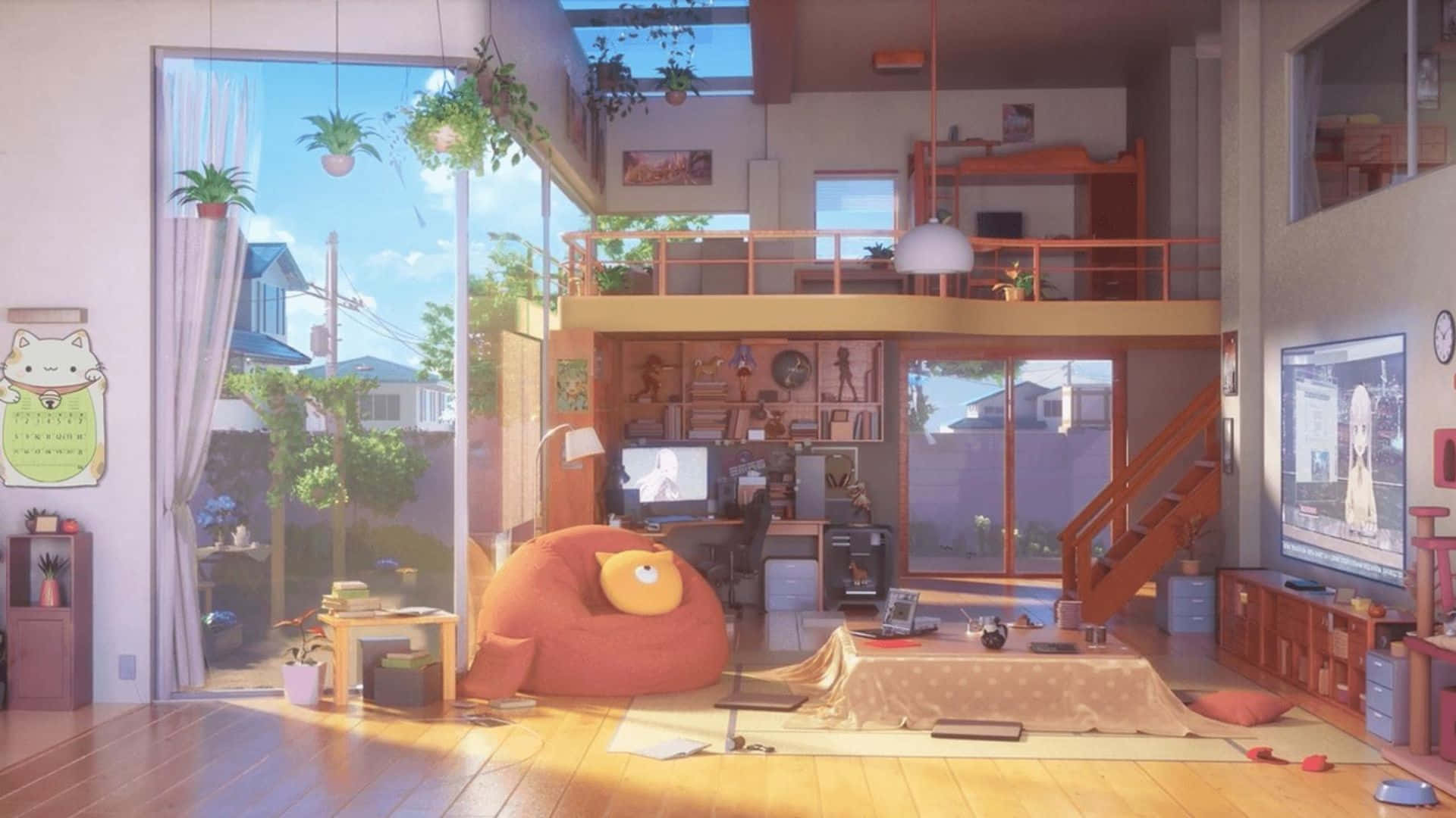 Aesthetic Anime Bedroom 桌布 壁紙 — 陽光穿過玻璃牆，照亮了一個舒適的兩層閣樓，裡面充滿了植物、家具和一個巨大的豆袋椅。