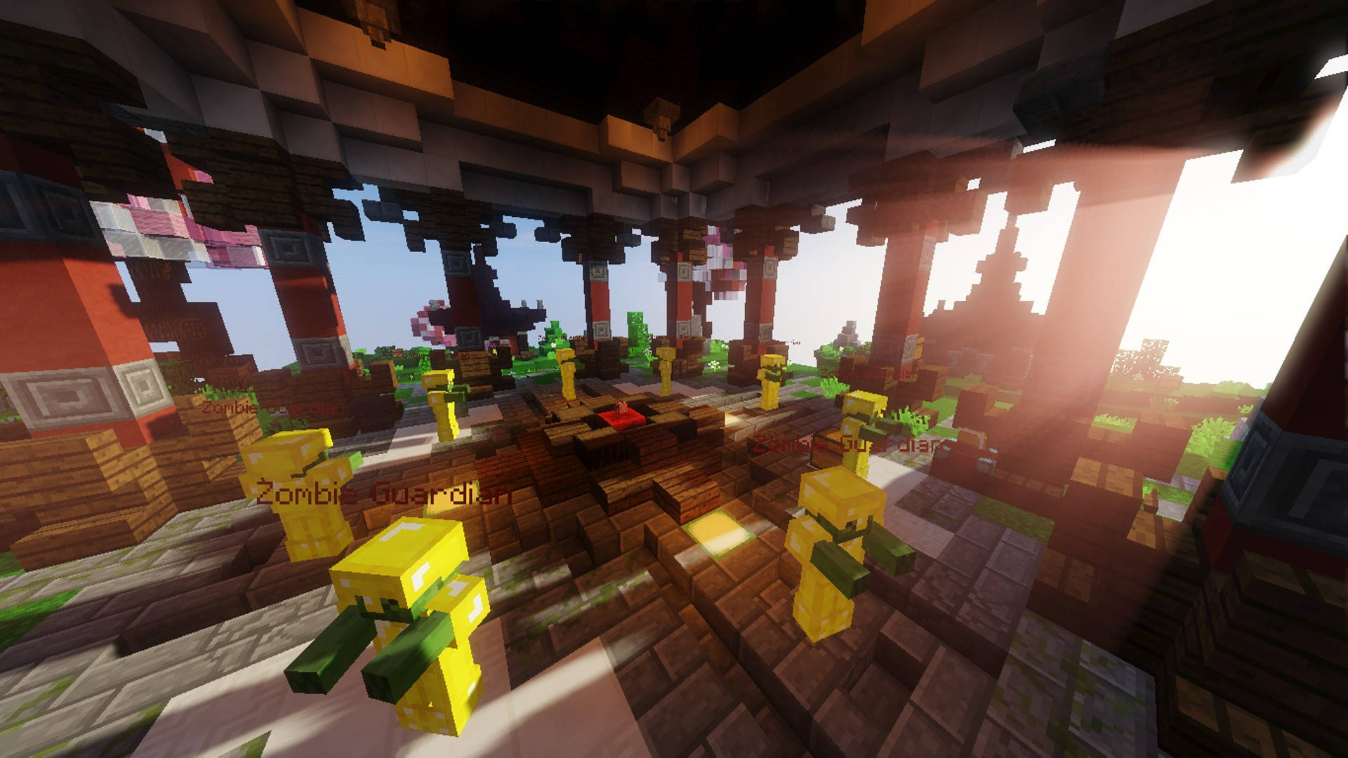 高清 桌布 壁紙 — 陽光穿過破碎的方塊，照亮了像素化Minecraft廢墟中的黃色殭屍守衛。