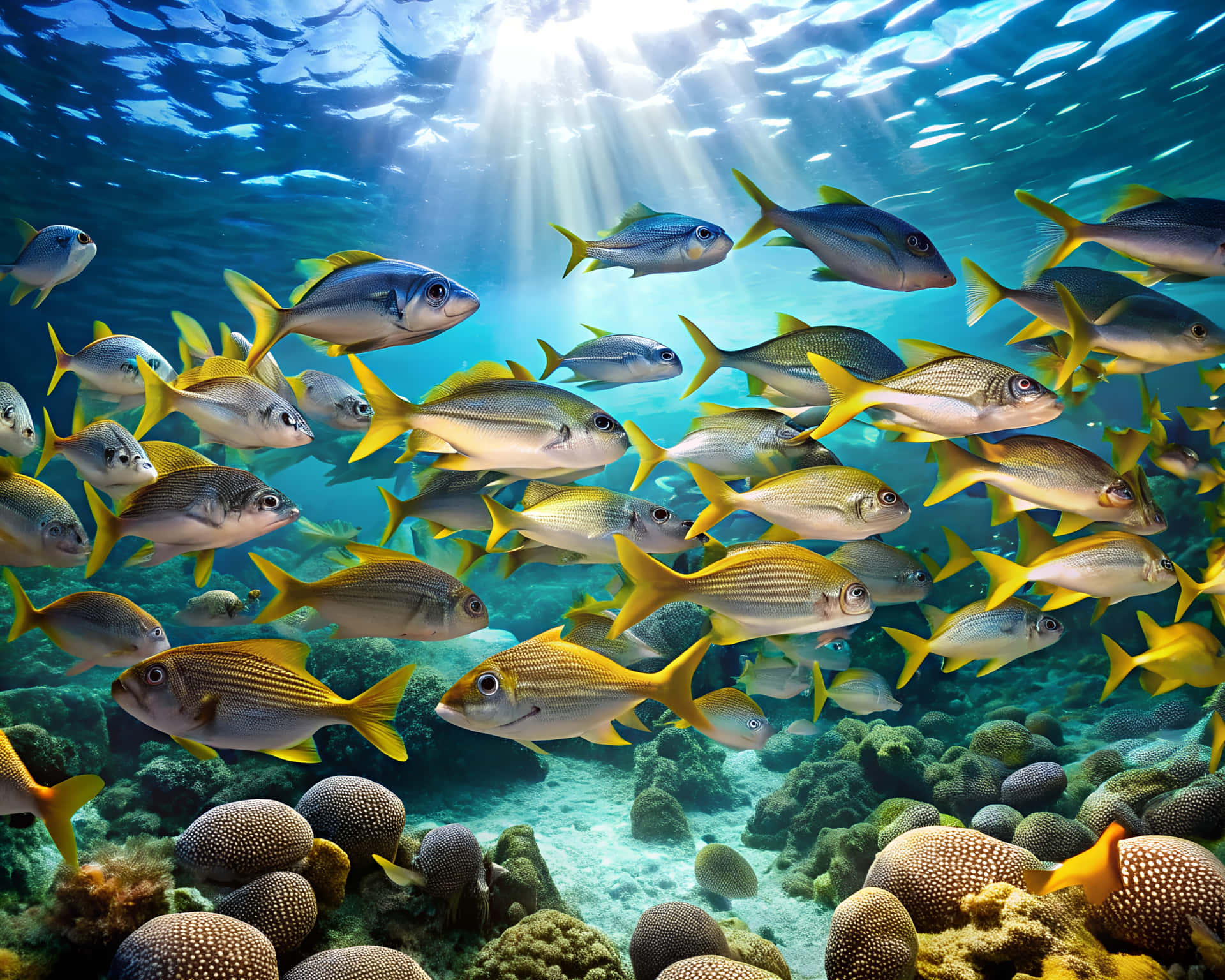 Underwater landscape 壁紙 — 陽光穿過碧綠海水，照亮一群在紋理珊瑚礁上方游動的黃色和銀色魚群。