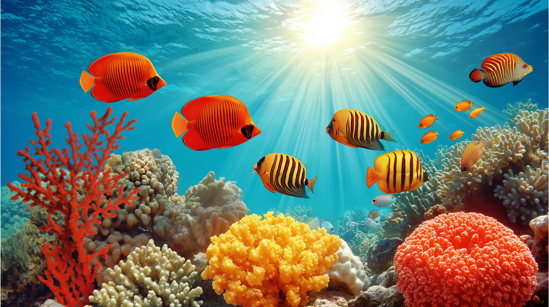 Sunlit Coral Reef with Diverse Tropical Fish Under Ocean Waves 壁紙 — 陽光穿過碧綠海水，照亮了充滿色彩繽紛條紋魚的鮮豔橙色、黃色和紅色珊瑚礁。