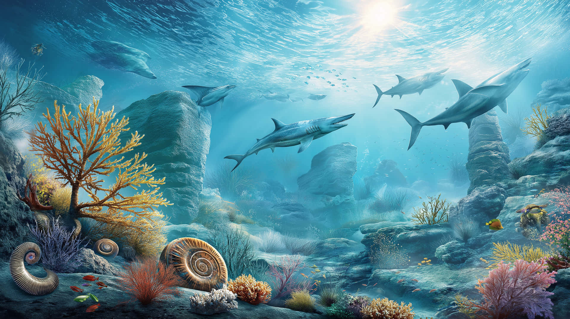 Prehistoric Ocean 壁紙 — 陽光穿過碧綠的海水，照亮了在珊瑚礁和古代菊石旁游弋的鯊魚，海底生機勃勃。