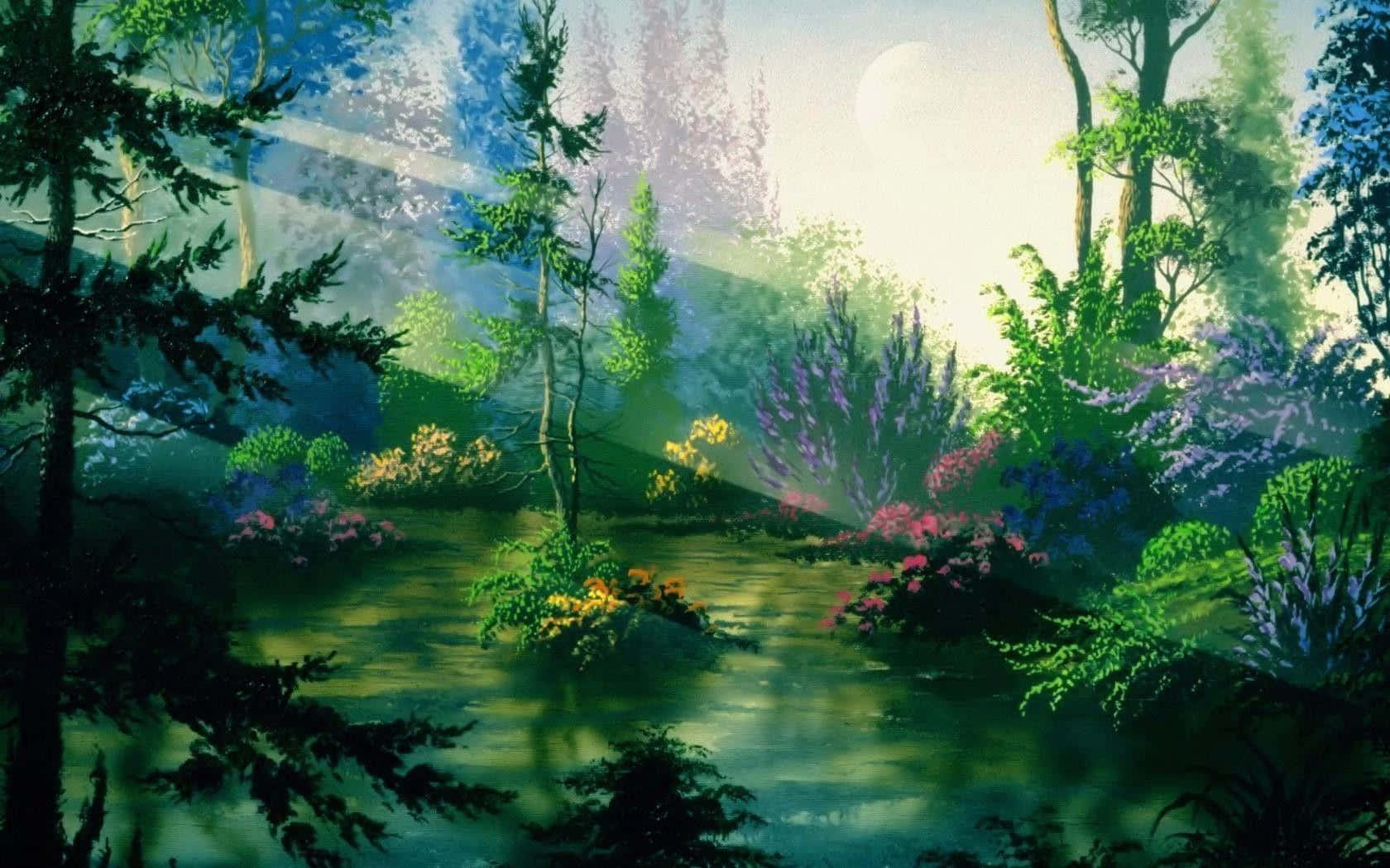 Anime Forest 桌布 壁紙 — 陽光穿過神秘的森林，充滿活力的花朵和寧靜的水面反射出閃爍的天空。