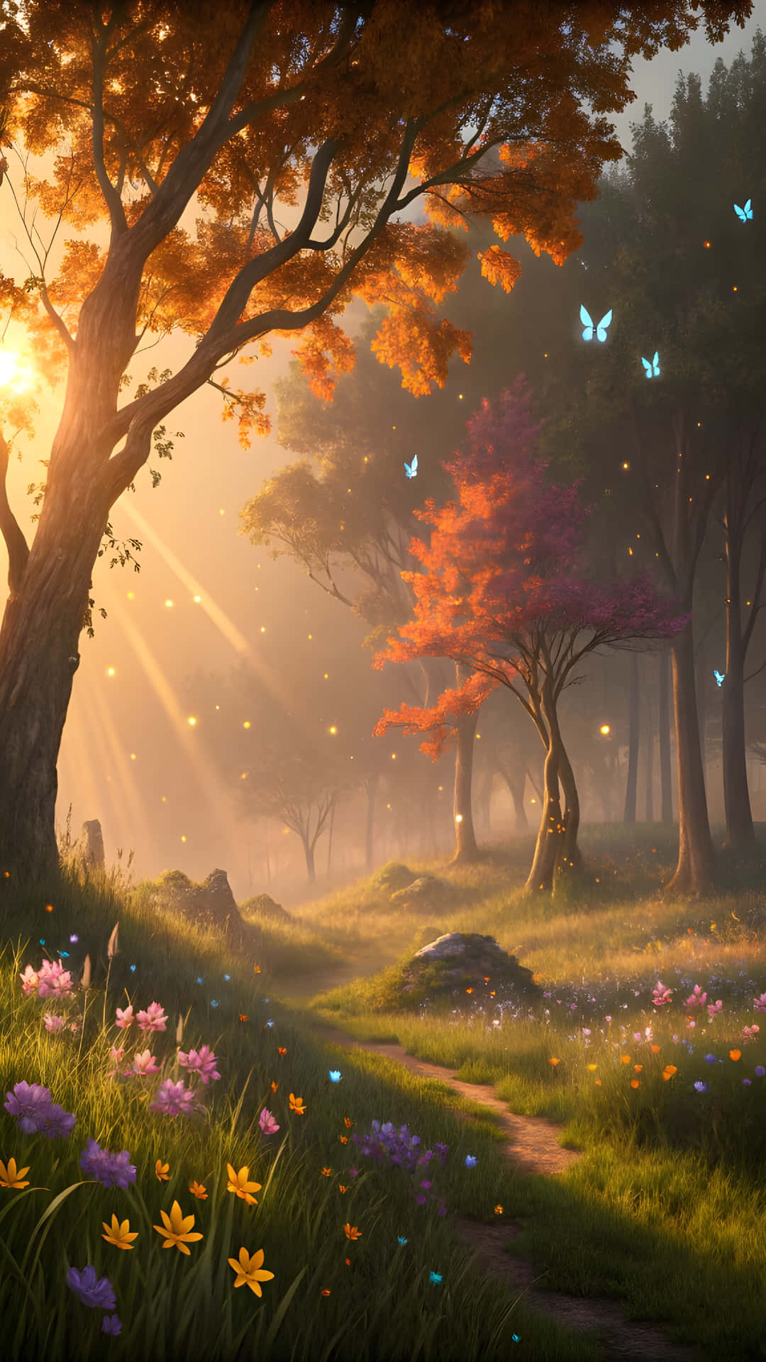 Very amazing sunset nature wallpaper 壁紙 — 陽光穿過秋樹，將金色光線灑在一條蜿蜒的小徑上，小徑兩旁點綴著色彩繽紛的花朵和發光的藍色蝴蝶。