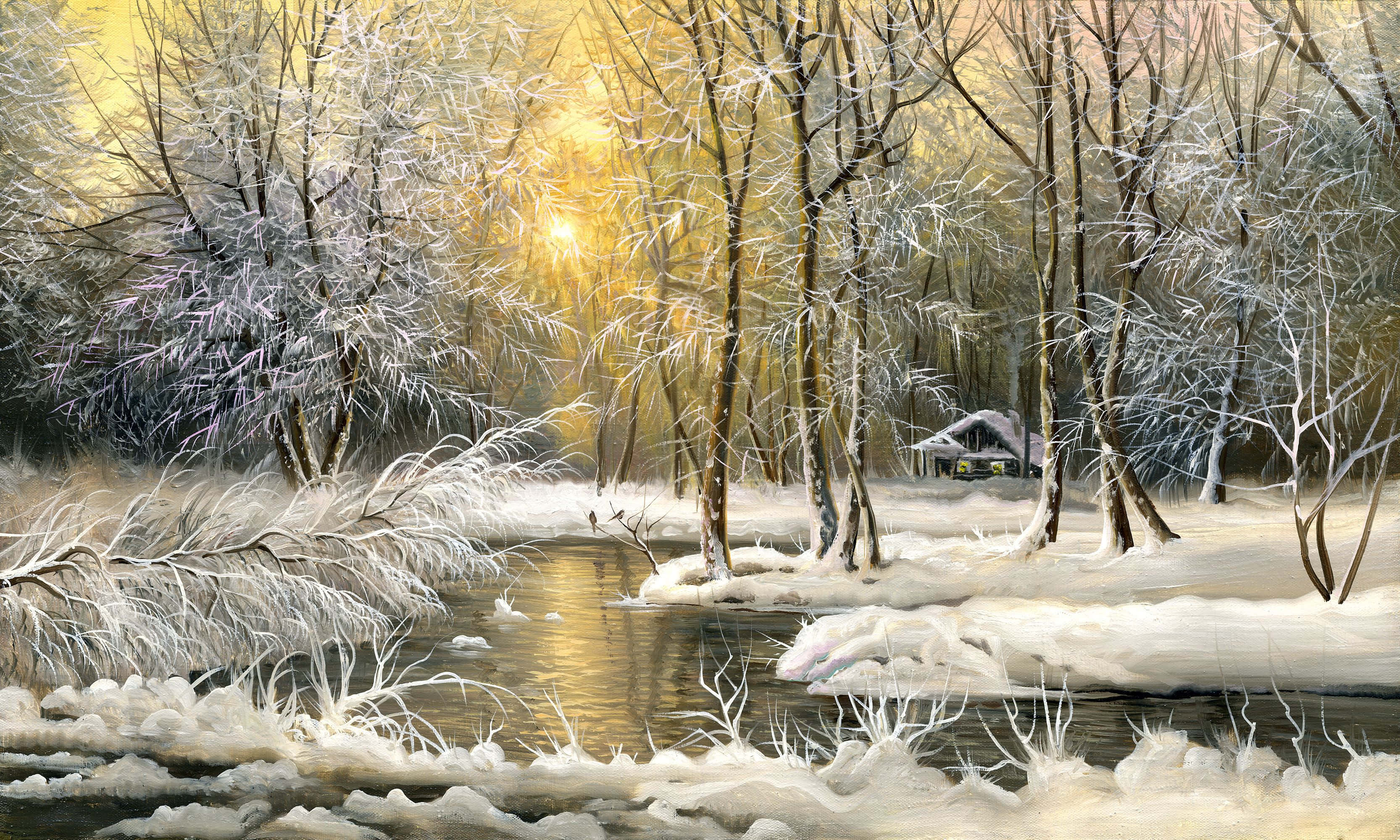 Winter Painting 桌布 壁紙 — 陽光穿過積雪的樹木閃爍，在寧靜的冬季森林中，冰封的河面上投射出金色的倒影。