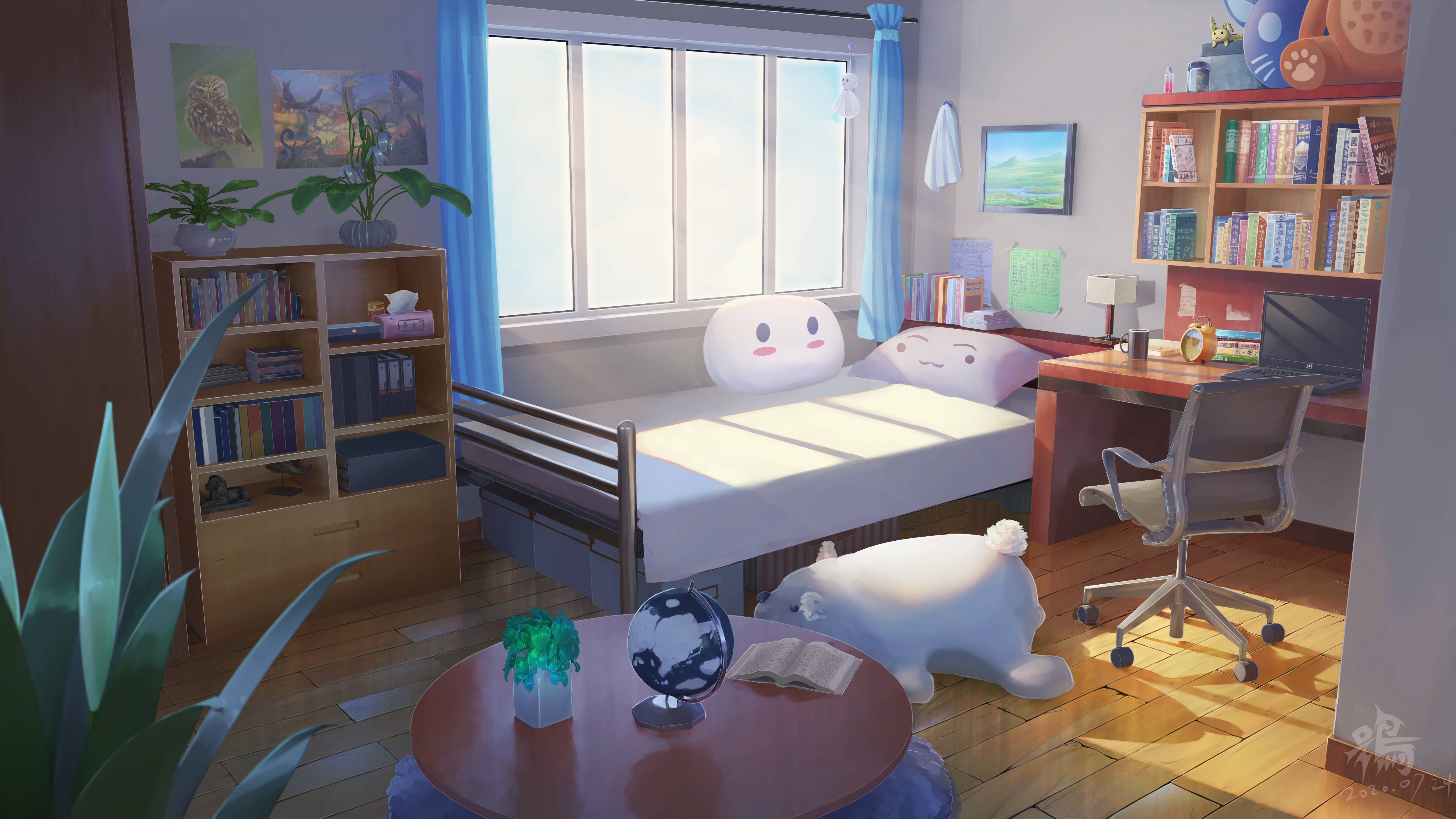 Bedroom 桌布 壁紙 — 陽光穿過窗戶，灑進一個充滿書架、植物和可愛白色毛絨角色的舒適臥室。