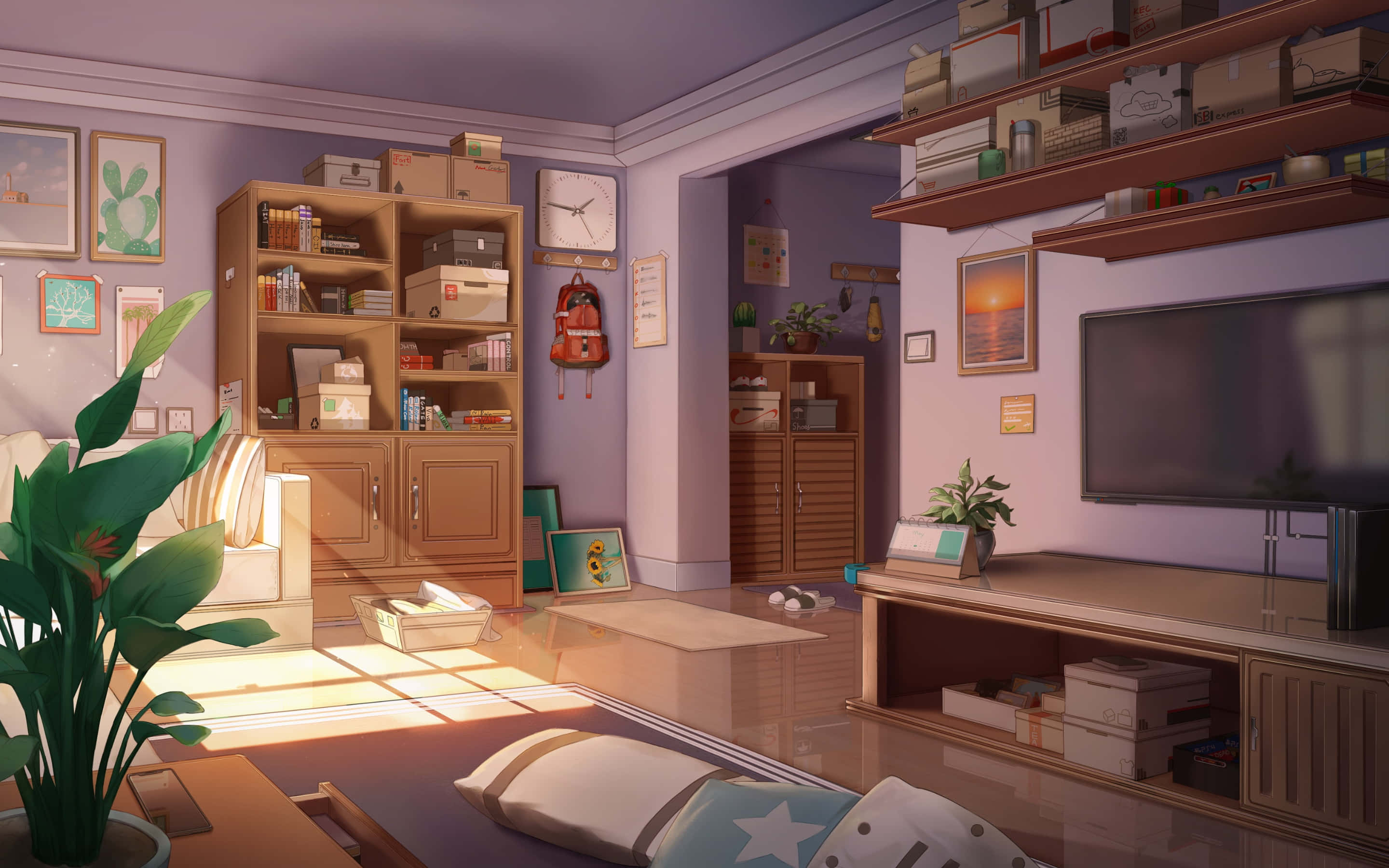 Anime Living Room 桌布 壁紙 — 陽光穿過窗戶，照亮了一個舒適且充滿生活氣息的客廳，裡面擺滿了木製家具、植物和個人裝飾。