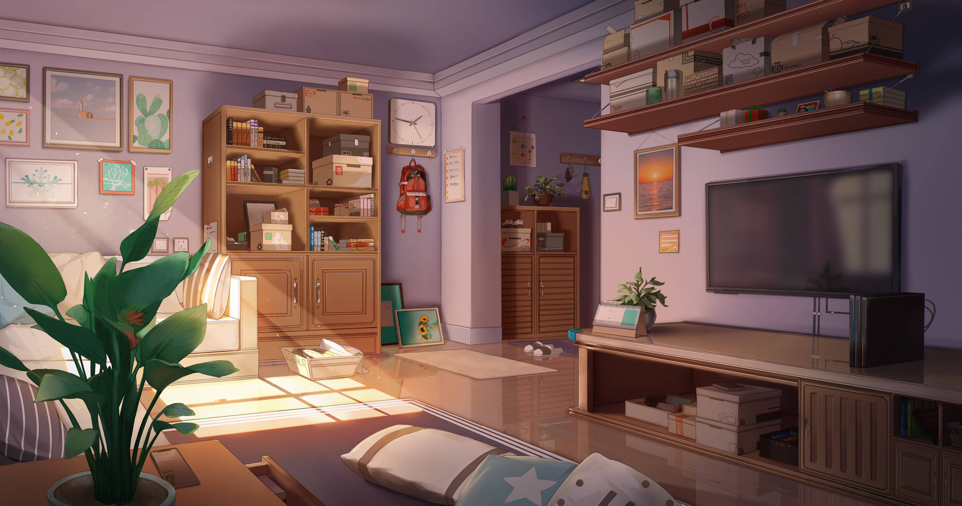 Bedroom 桌布 壁紙 — 陽光穿過窗戶，照亮了一個舒適的紫色客廳，裡面擺滿了木製家具、植物和架子。