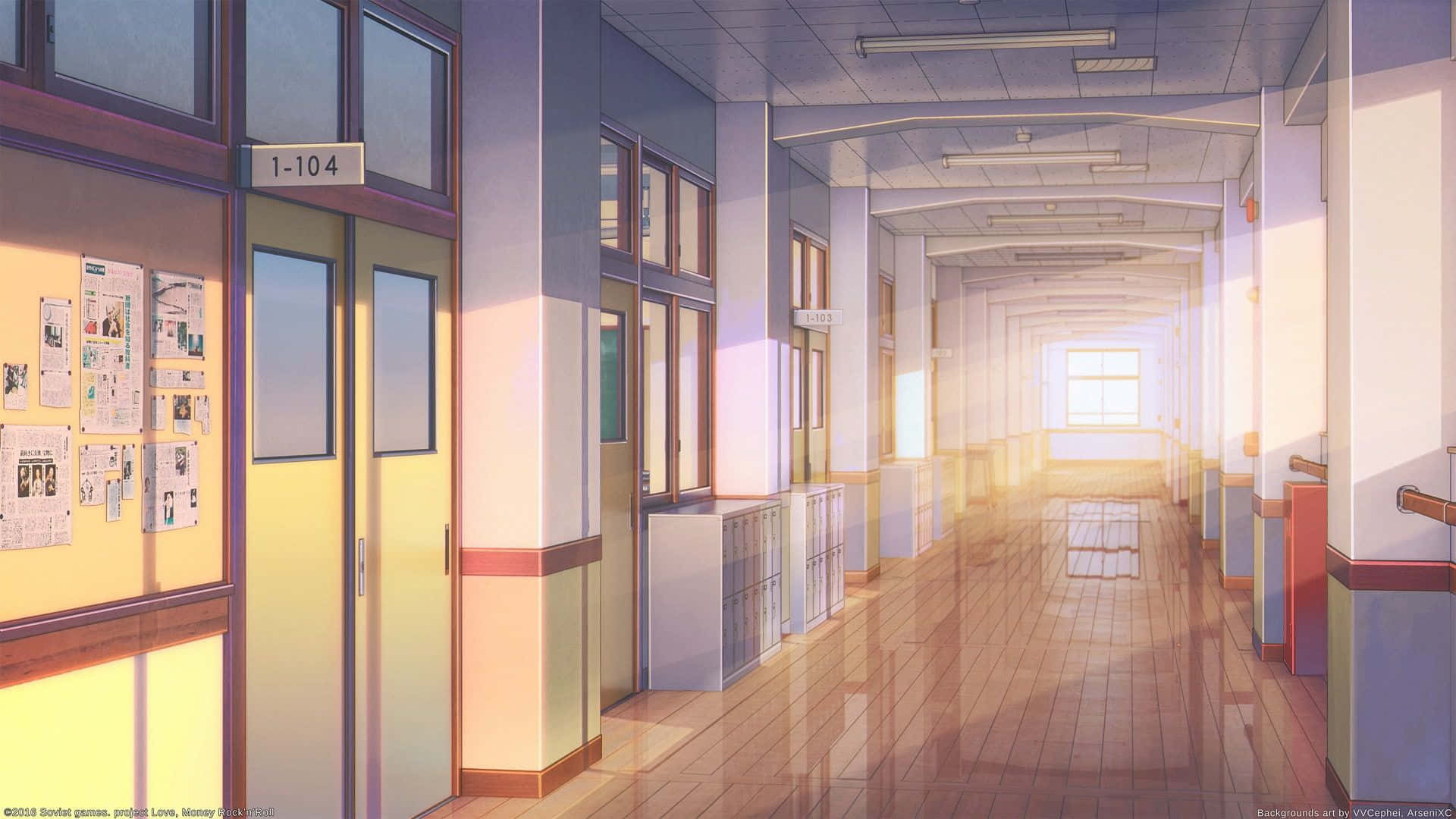 Anime School 桌布 壁紙 — 陽光穿過窗戶，照亮了一條安靜的學校走廊，走廊有木地板和教室門。