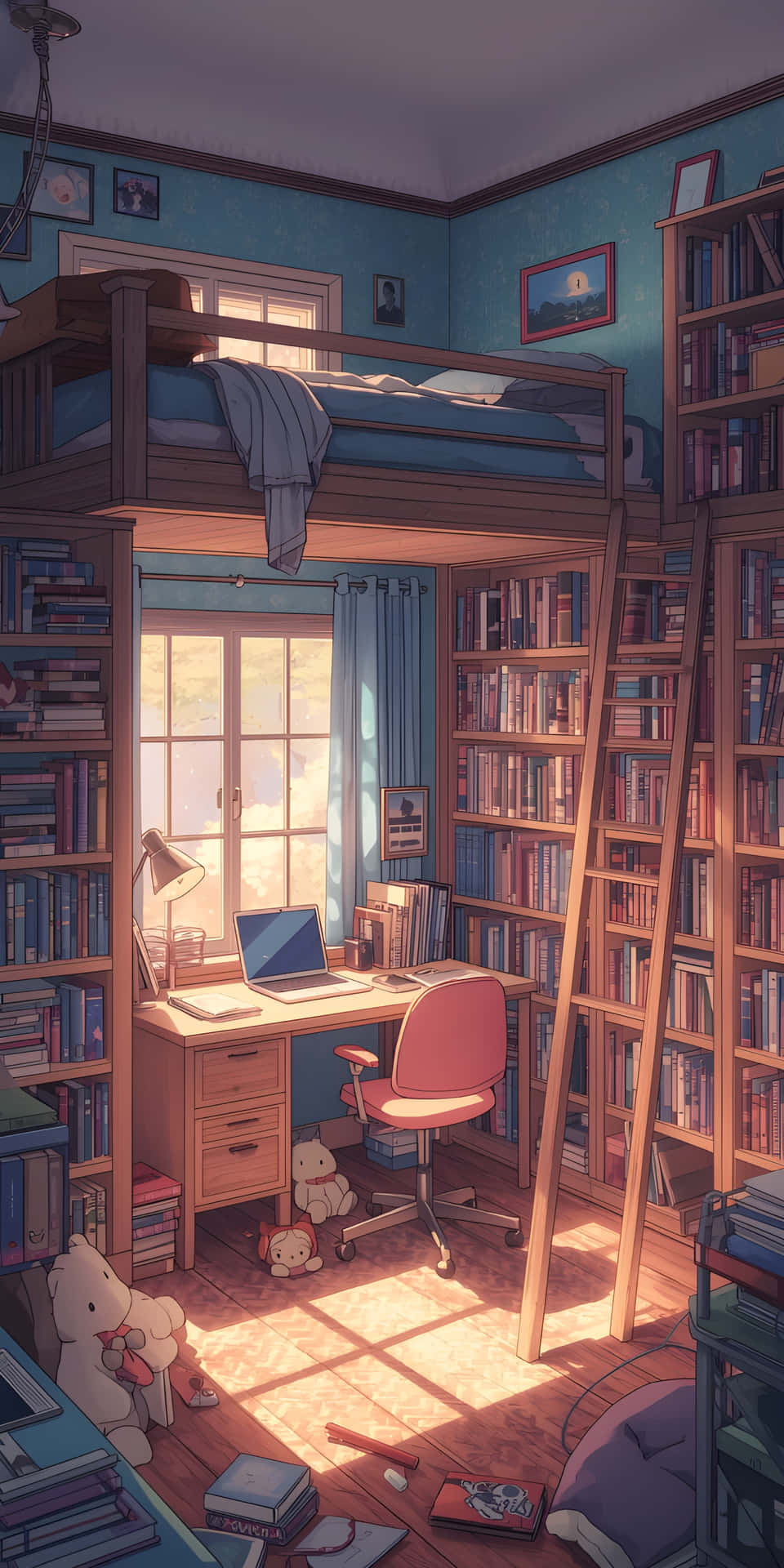 Cozy Anime Loft Bedroom with Bookshelf Wallpaper 壁紙 — 陽光穿過窗戶，照亮了一間舒適的臥室，裡面有閣樓床、書架和一張木桌，周圍散落著書籍和毛絨玩具。