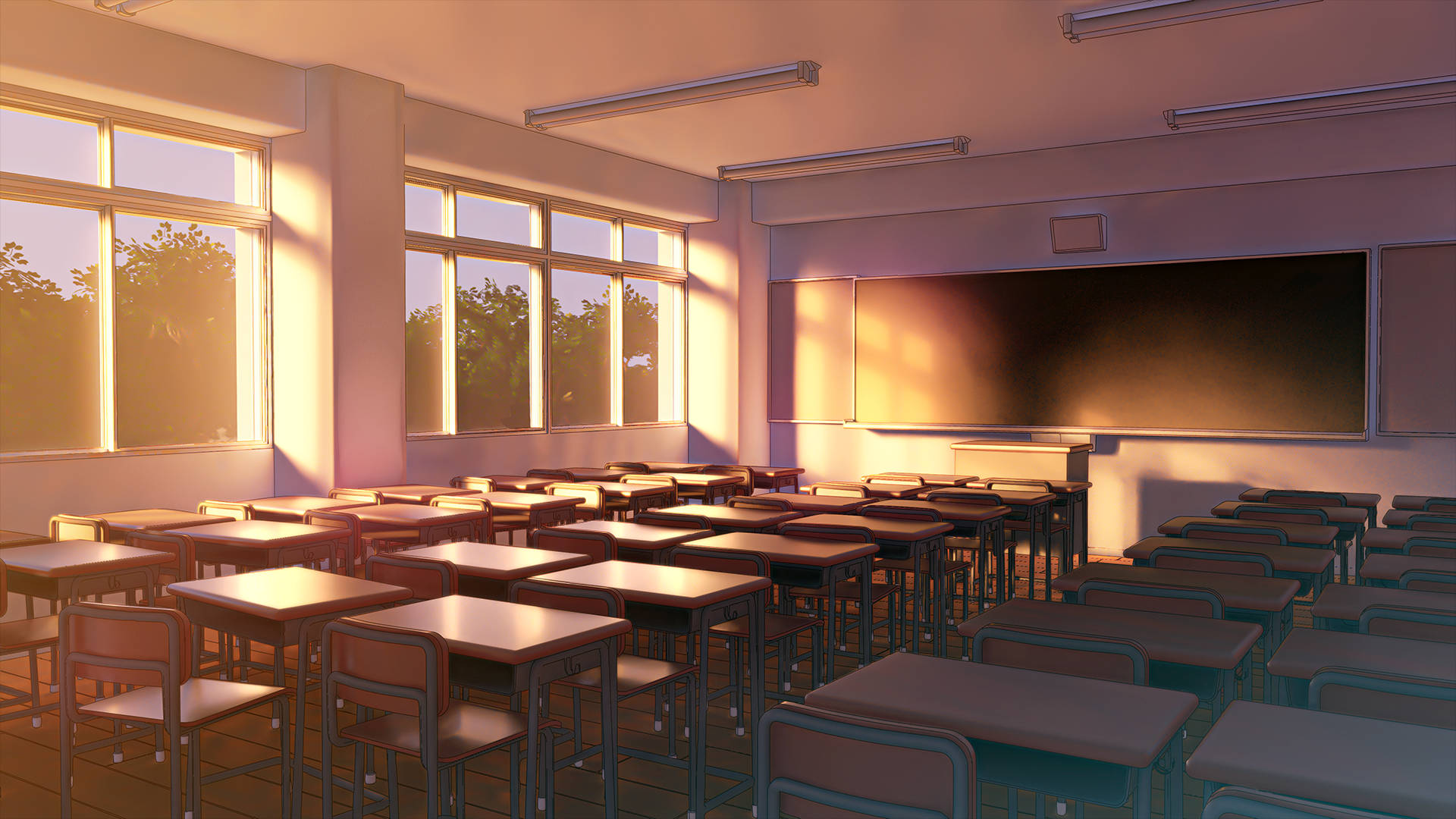 Classroom 桌布 壁紙 — 陽光穿過窗戶，照亮了安靜教室裡空無一人的木製書桌和椅子，教室裡有黑板。