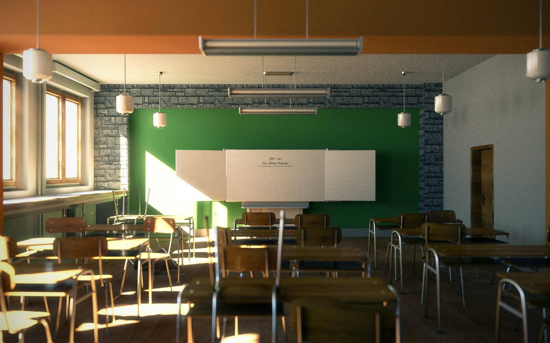 Chalkboard 桌布 壁紙 — 陽光穿過窗戶，照亮了安靜教室裡空無一人的木製書桌和椅子，教室有綠色牆壁和白色板。
