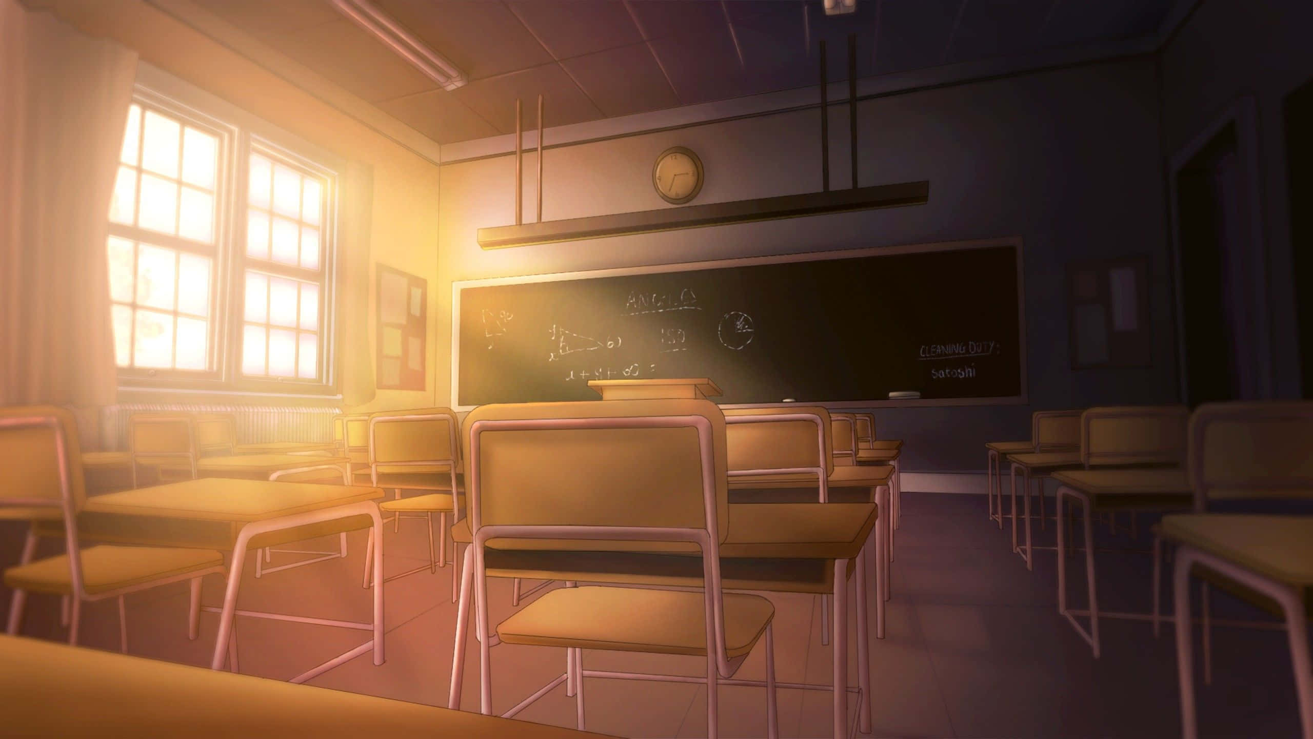Anime Classroom 桌布 壁紙 — 陽光穿過窗戶，照亮了安靜的動漫風格教室中空無一人的木桌和黑板。