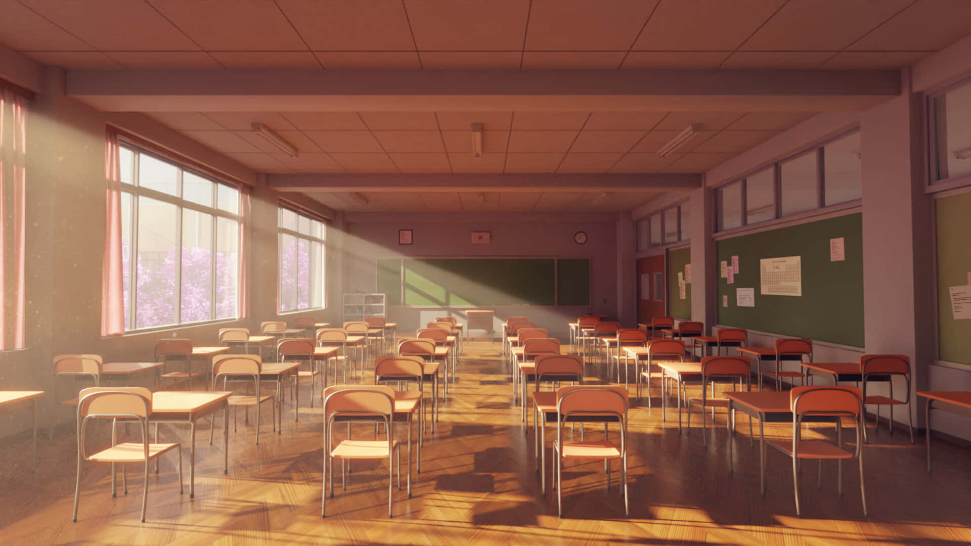 Anime School 桌布 壁紙 — 陽光穿過窗戶，照亮了寂靜學校教室裡空蕩的木製書桌和椅子，還有綠色黑板。