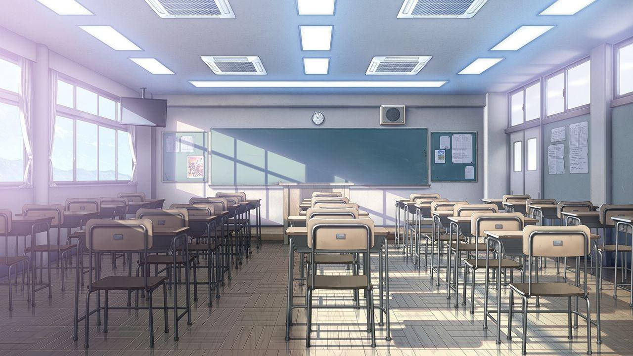 陽光明媚的空教室，排列整齊的課桌和綠色黑板。