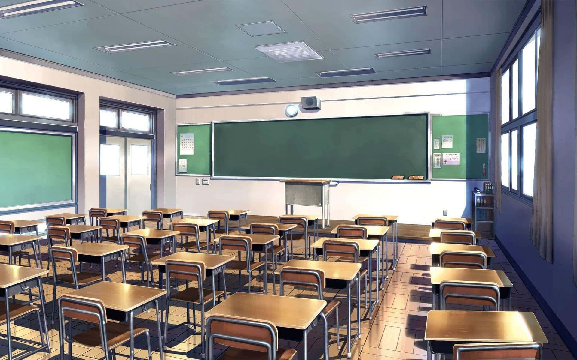 陽光普照的空教室，配有木製書桌和綠色黑板。 — 學校 壁紙