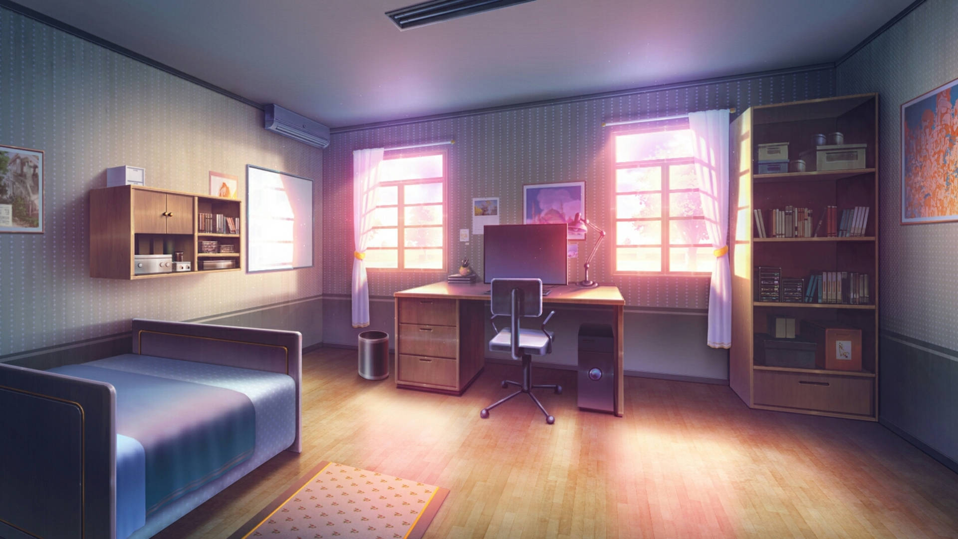 Bedroom 桌布 壁紙 — 陽光穿過窗戶，照亮了配有木製家具和書架的舒適臥室。