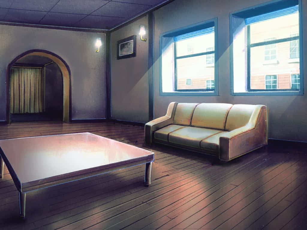 Anime Living Room 桌布 壁紙 — 陽光穿過窗戶照射在一個空蕩、昏暗的房間裡，房間有木地板和拱形門口，裡面有一張復古沙發和咖啡桌。