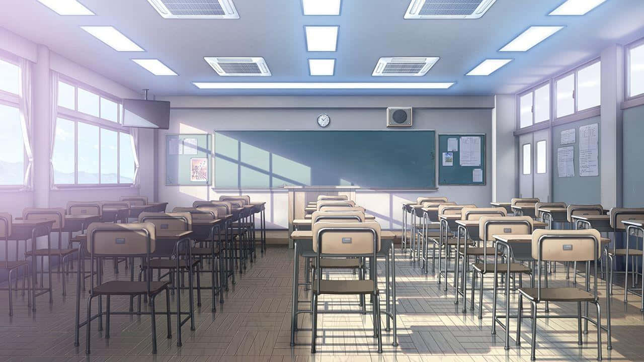 陽光照耀的空教室，一排排桌子和一塊綠色黑板。 — 學校 壁紙