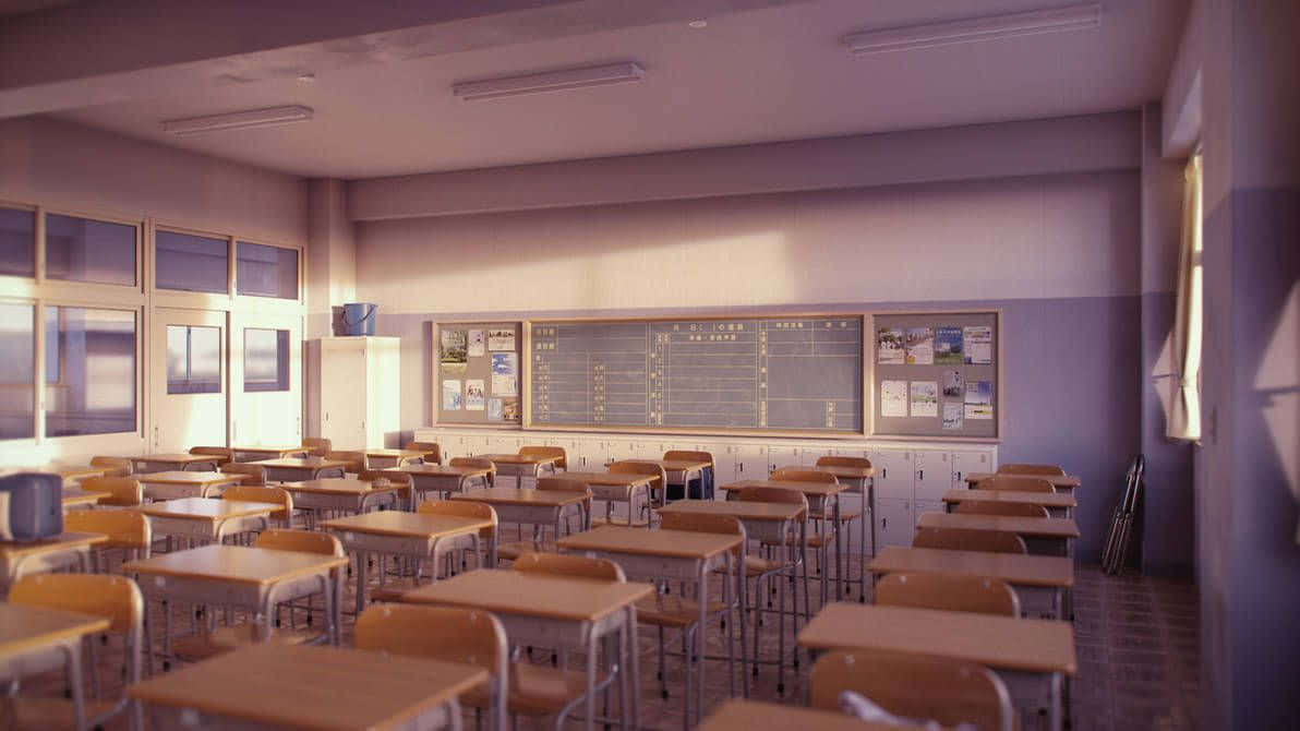 陽光照射的空教室，有木製書桌和黑板。 — 學校 壁紙