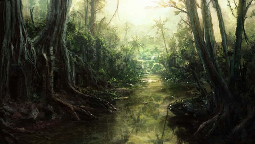 森林 桌布 壁紙 — 陽光穿過茂密的叢林樹冠，照亮了一條蜿蜒的河流，兩旁是古老多節的樹木和茂密的綠色樹葉。